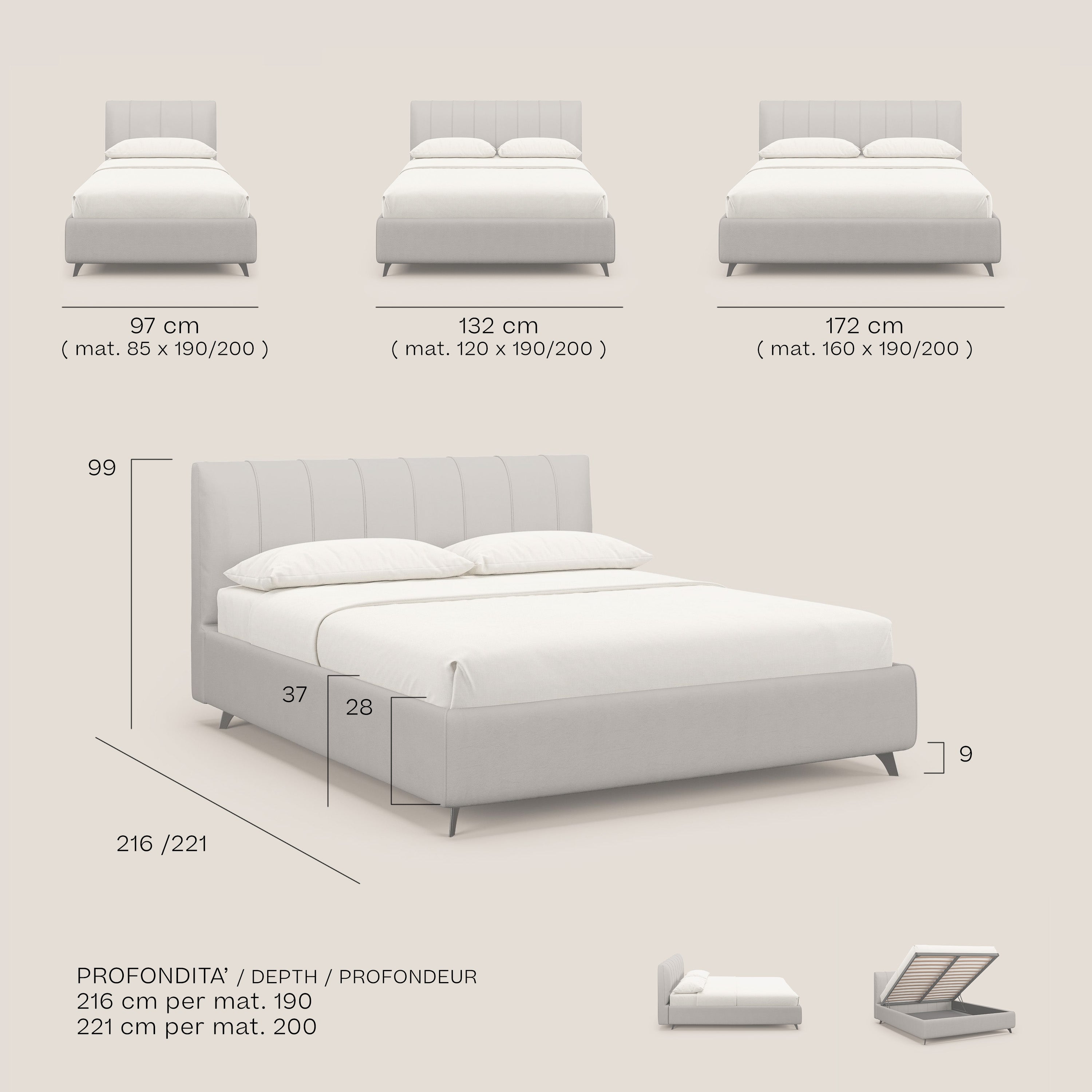 Bogart letto imbottito contenitore completamente sfoderabile in microfibra smacchiabile T11 petrolio - divani.store