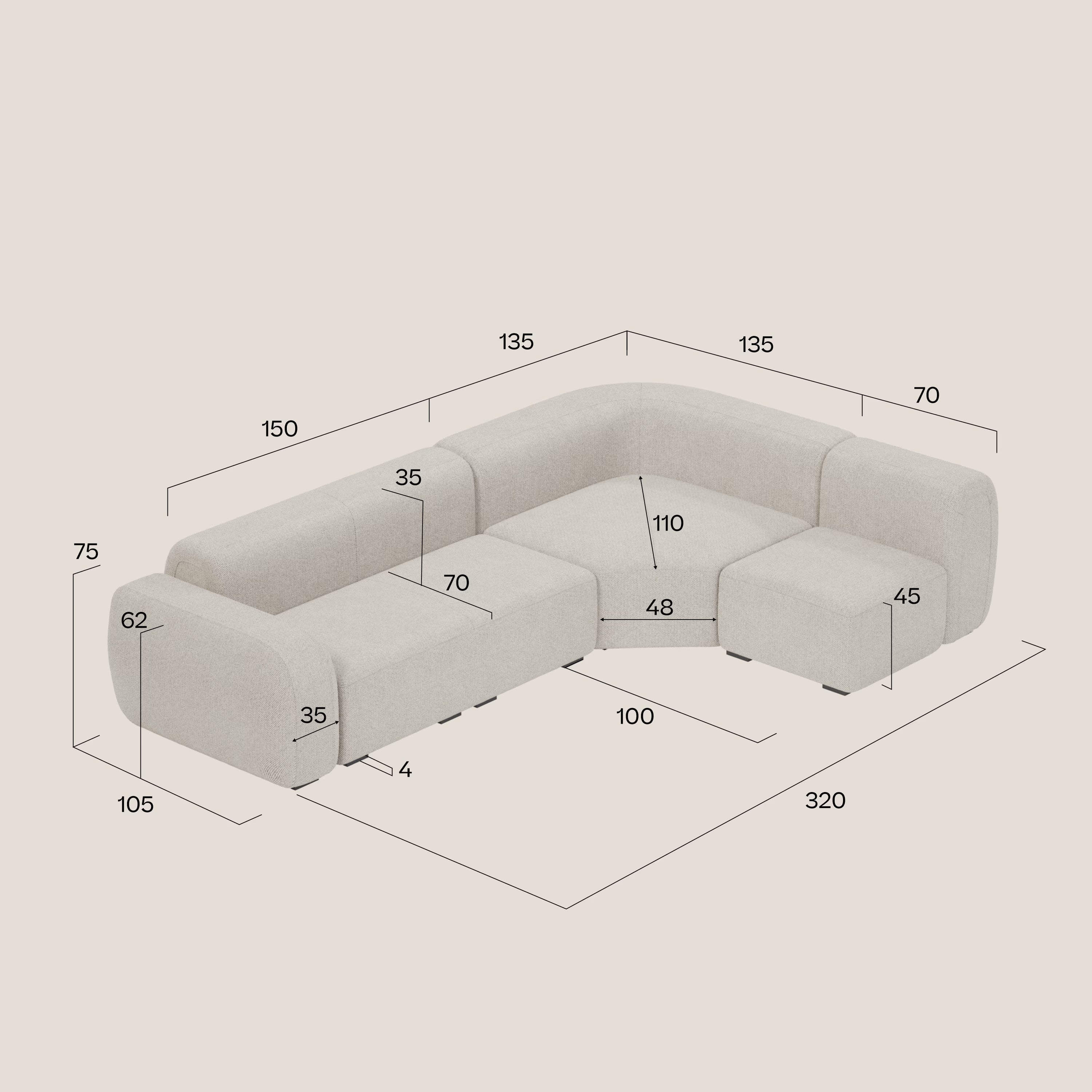 BonBon Canapè d'angle modulable - tissu détachable T23 taupe