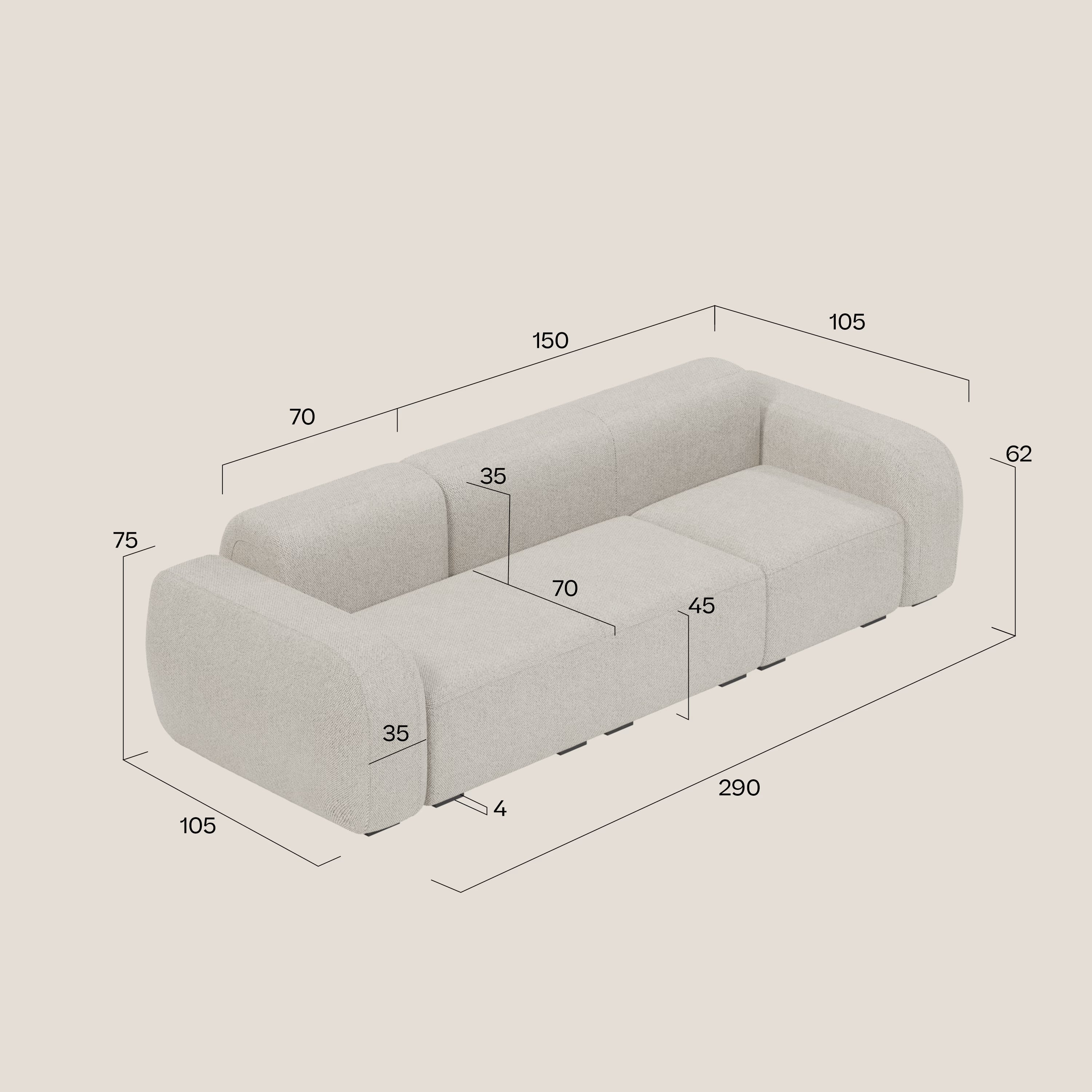 BonBon Canapé modulable – Composition linéaire en tissu détachable T23 tortora