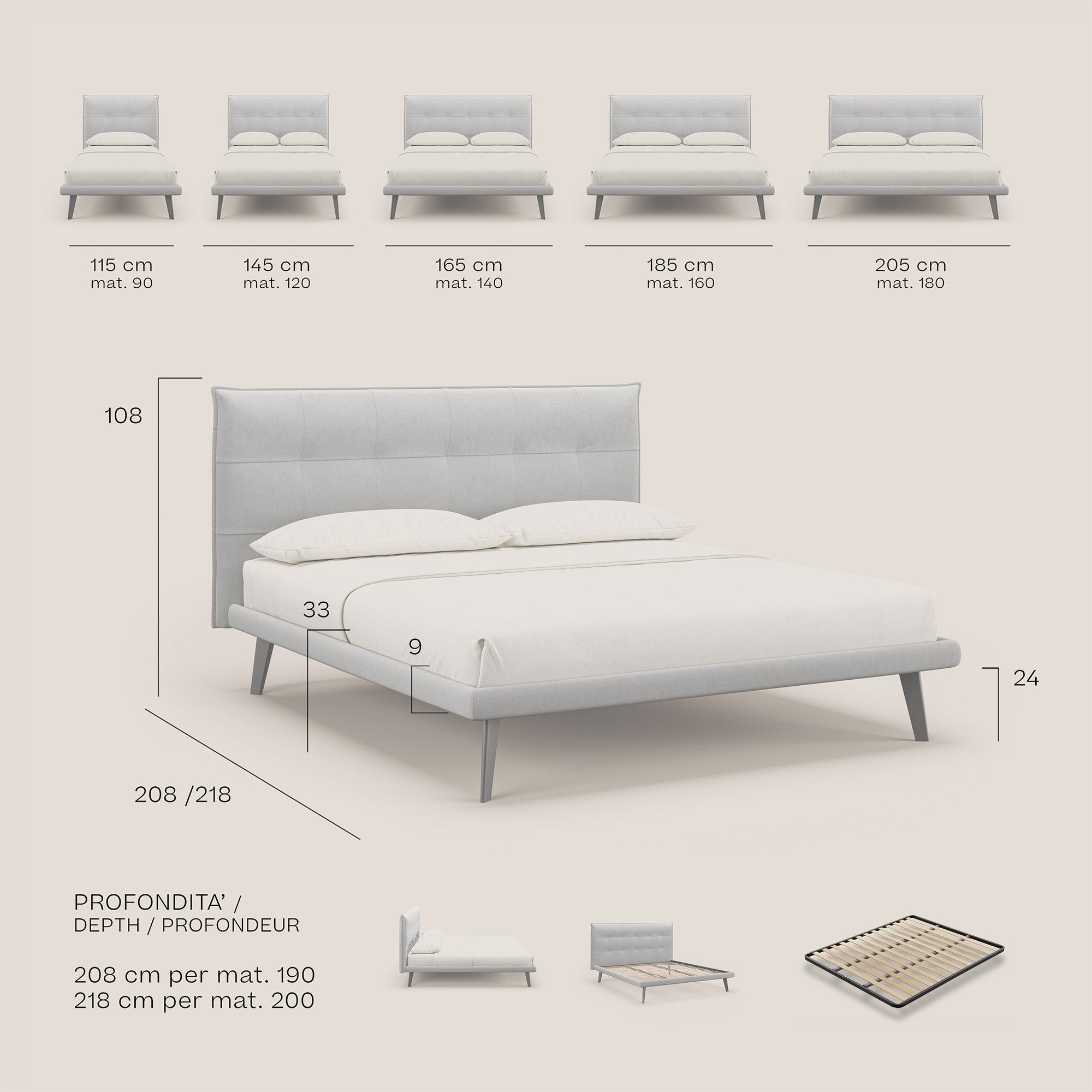 Brigitte letto con testata trapuntata piedi alti in mogano e tessuto impermeabile T09 blu - divani.store