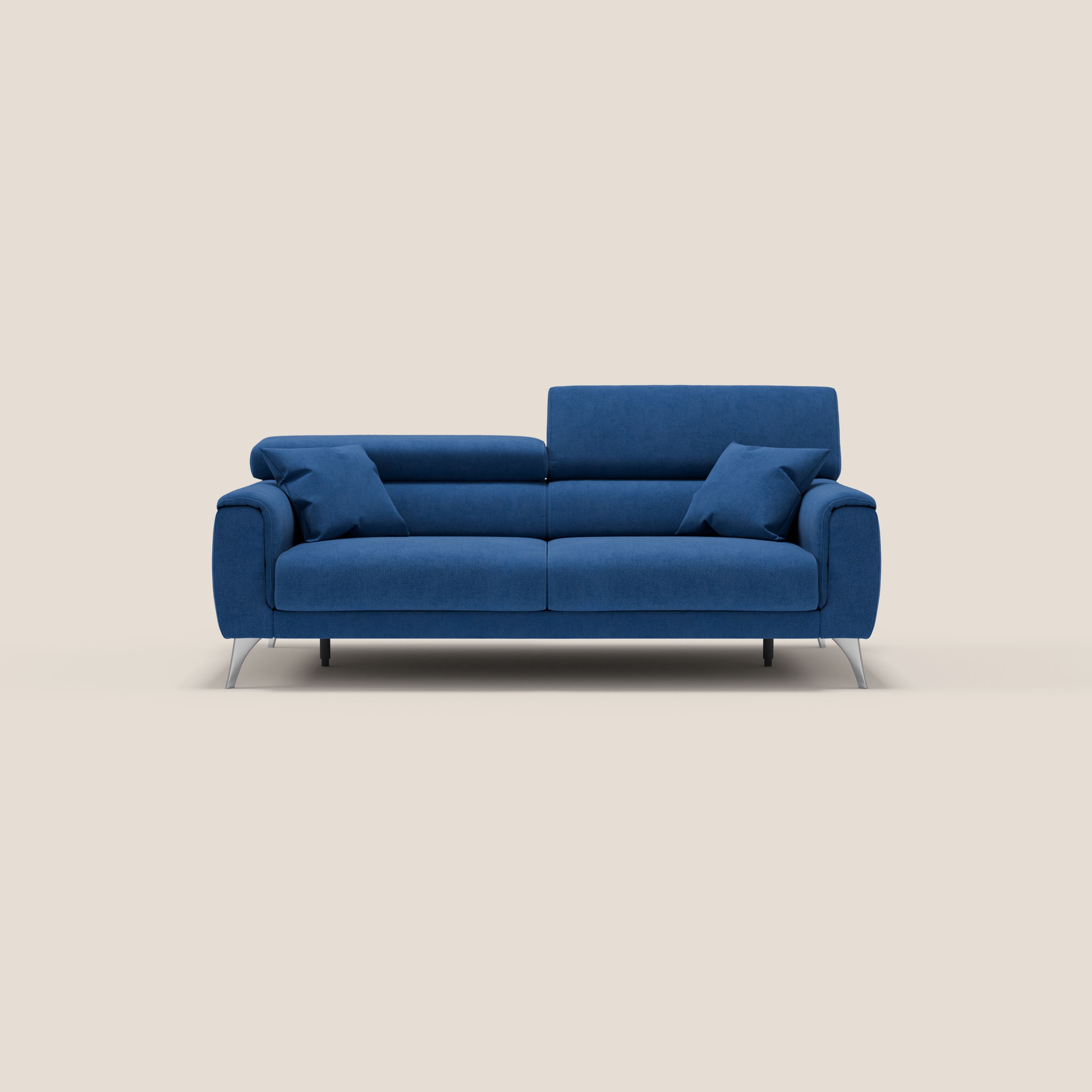 Caravaggio divano con sedute allungabili e poggiatesta reclinabili in tessuto impermeabile T02 blu - divani.store