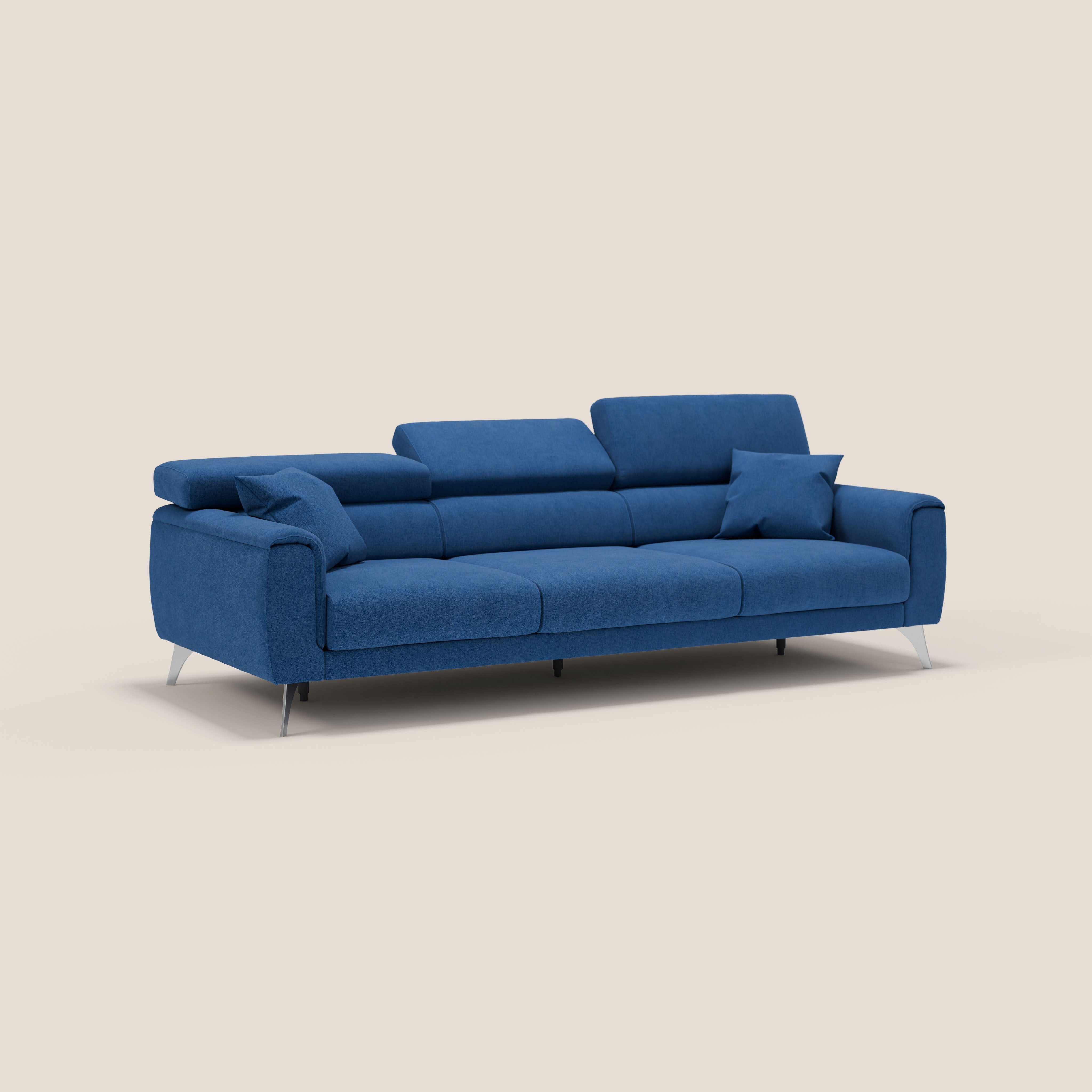 Caravaggio divano con 3 sedute allungabili indipendenti e poggiatesta reclinabili in tessuto impermeabile T02 blu - divani.store