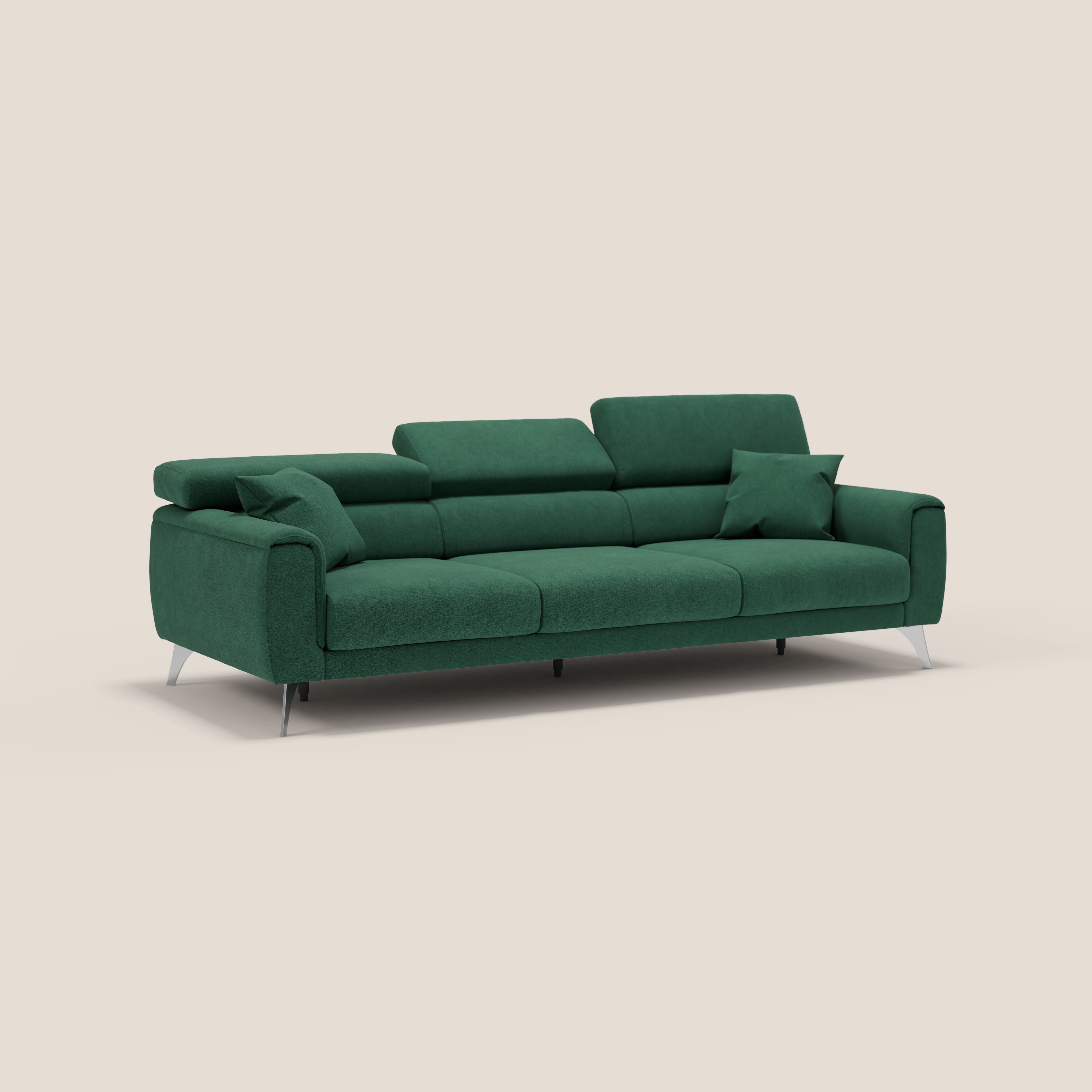 Caravaggio divano con 3 sedute allungabili indipendenti e poggiatesta reclinabili in tessuto impermeabile T02 verde - divani.store
