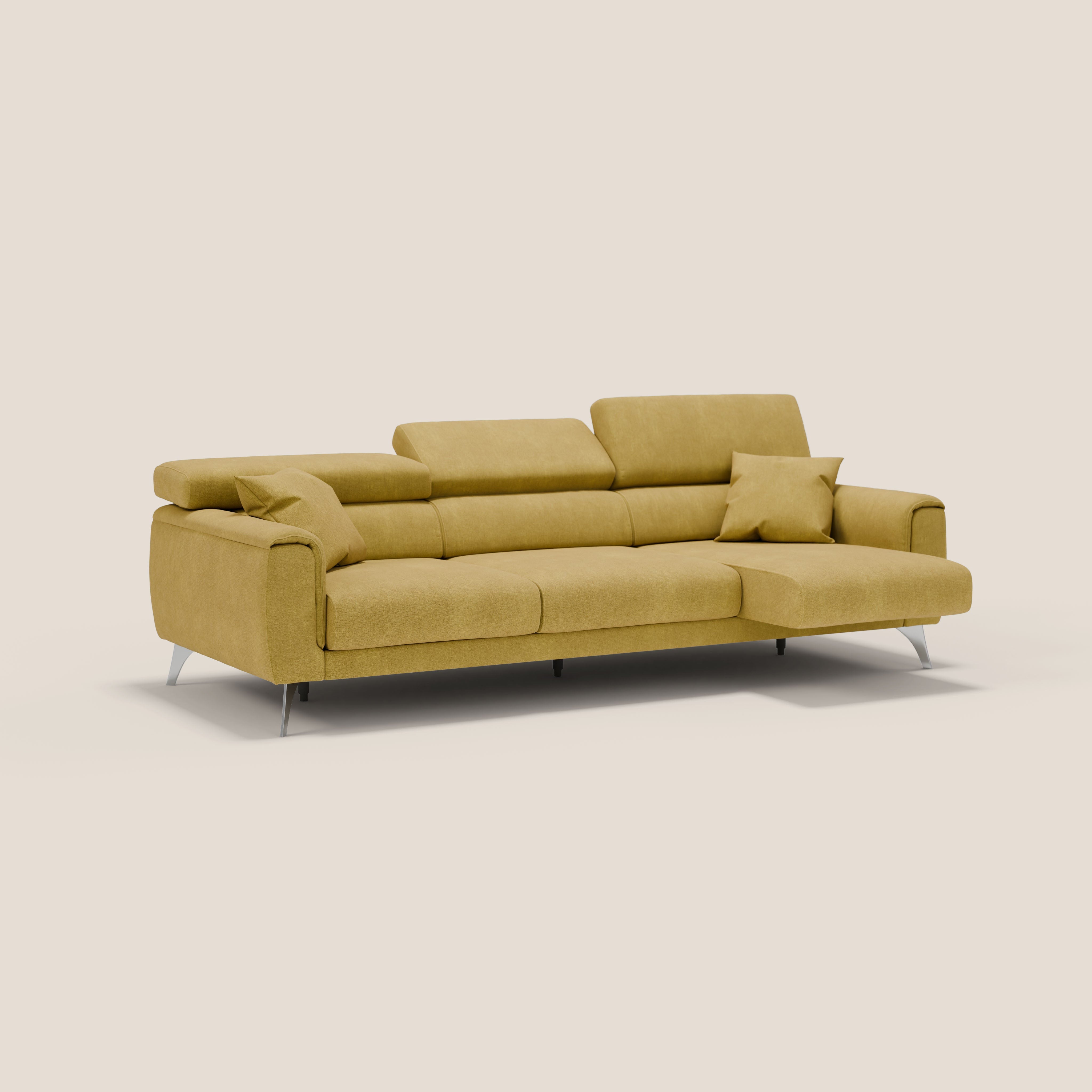 Caravaggio divano con 3 sedute allungabili indipendenti e poggiatesta reclinabili in tessuto impermeabile T02 giallo - divani.store