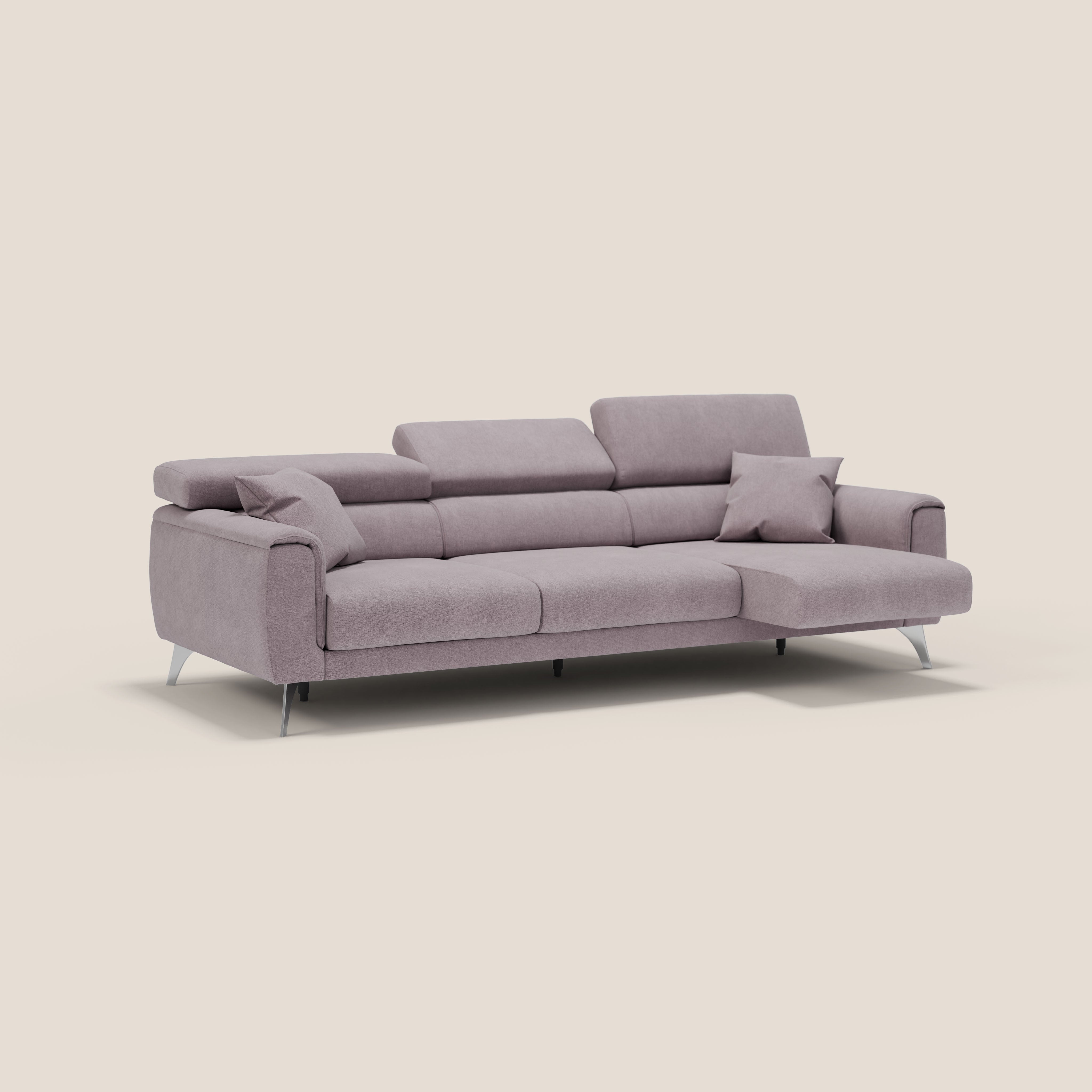 Caravaggio divano con 3 sedute allungabili indipendenti e poggiatesta reclinabili in tessuto impermeabile T02 rosa - divani.store