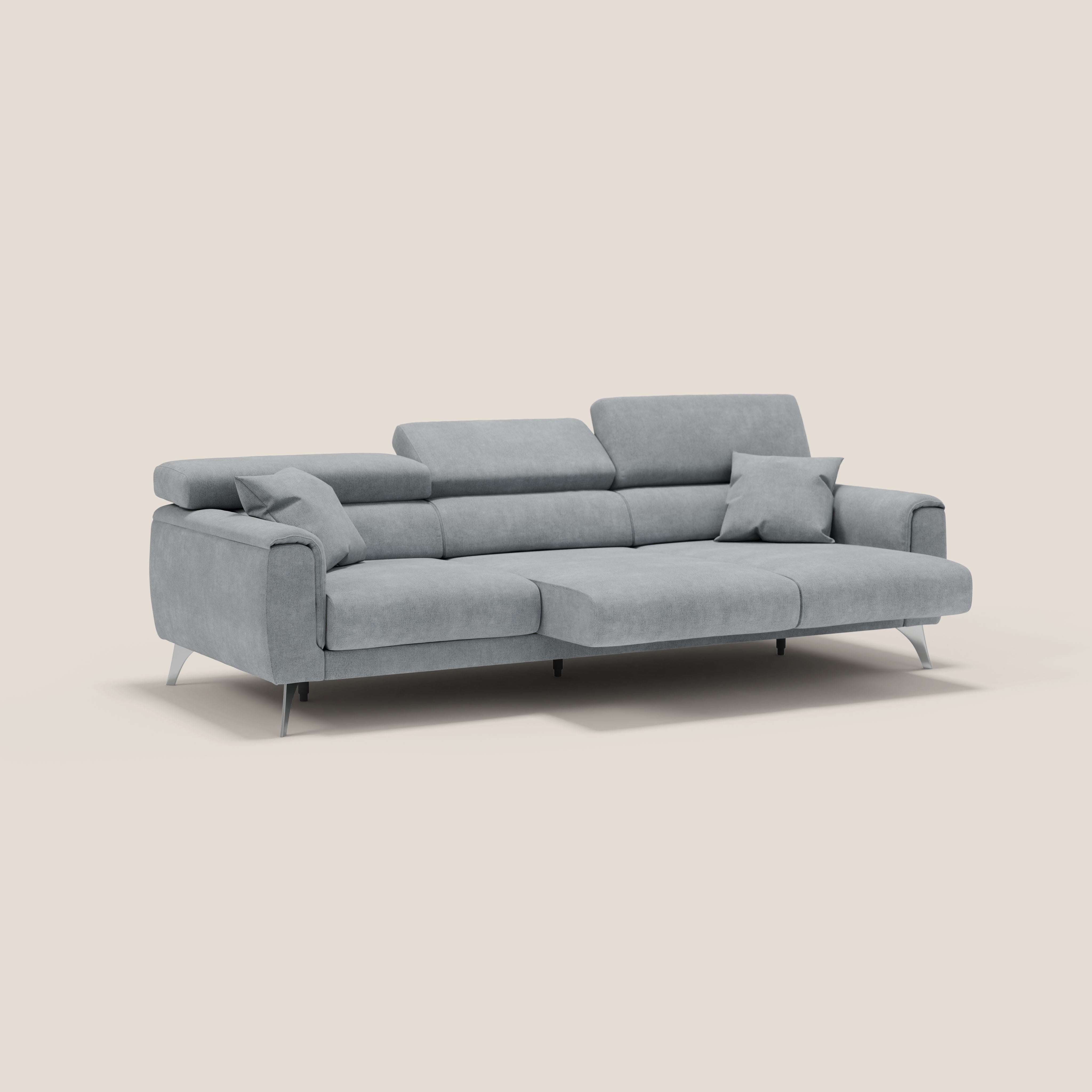 Caravaggio divano con 3 sedute allungabili indipendenti e poggiatesta reclinabili in tessuto impermeabile T02 grigio chiaro - divani.store