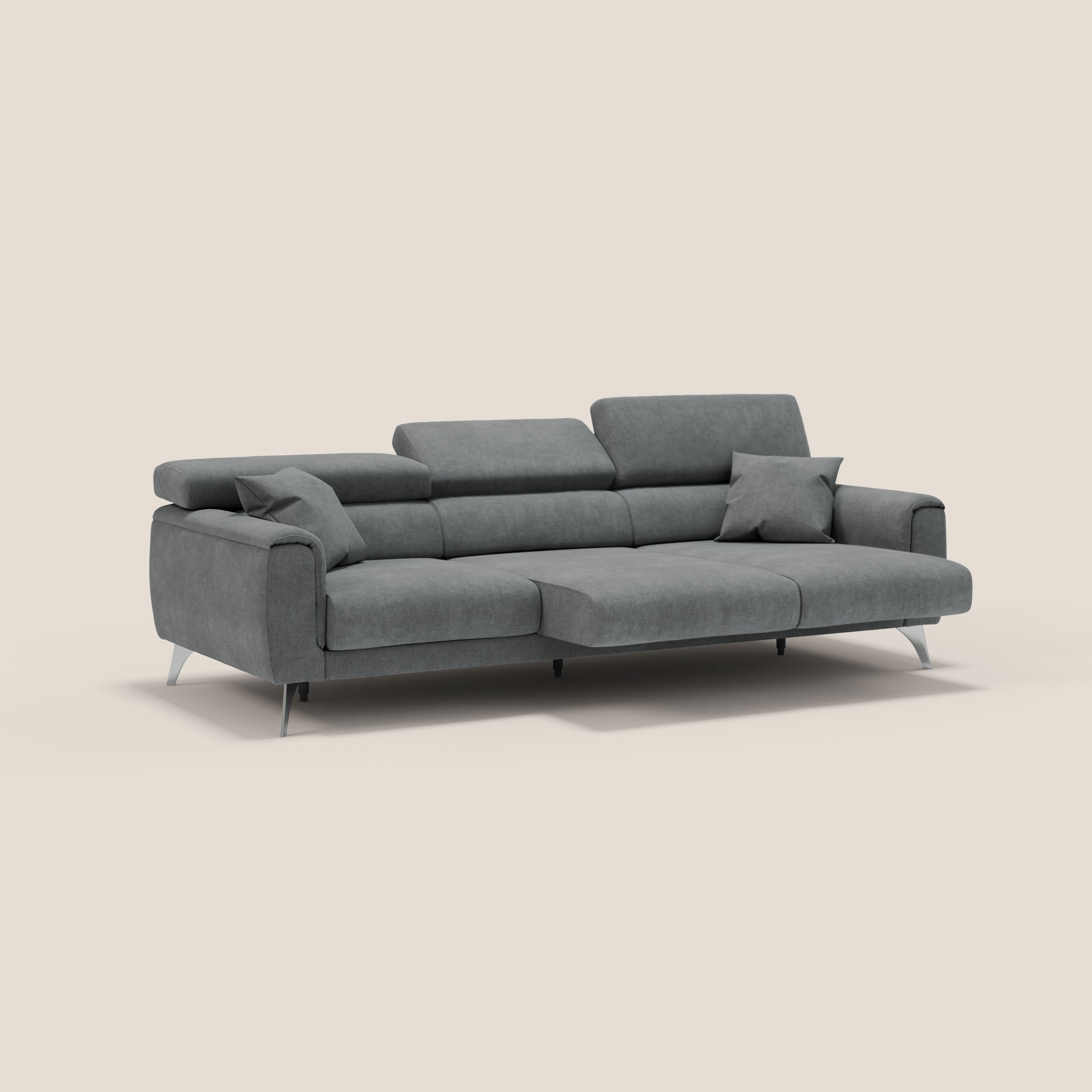Caravaggio divano con 3 sedute allungabili indipendenti e poggiatesta reclinabili in tessuto impermeabile T02 grigio - divani.store