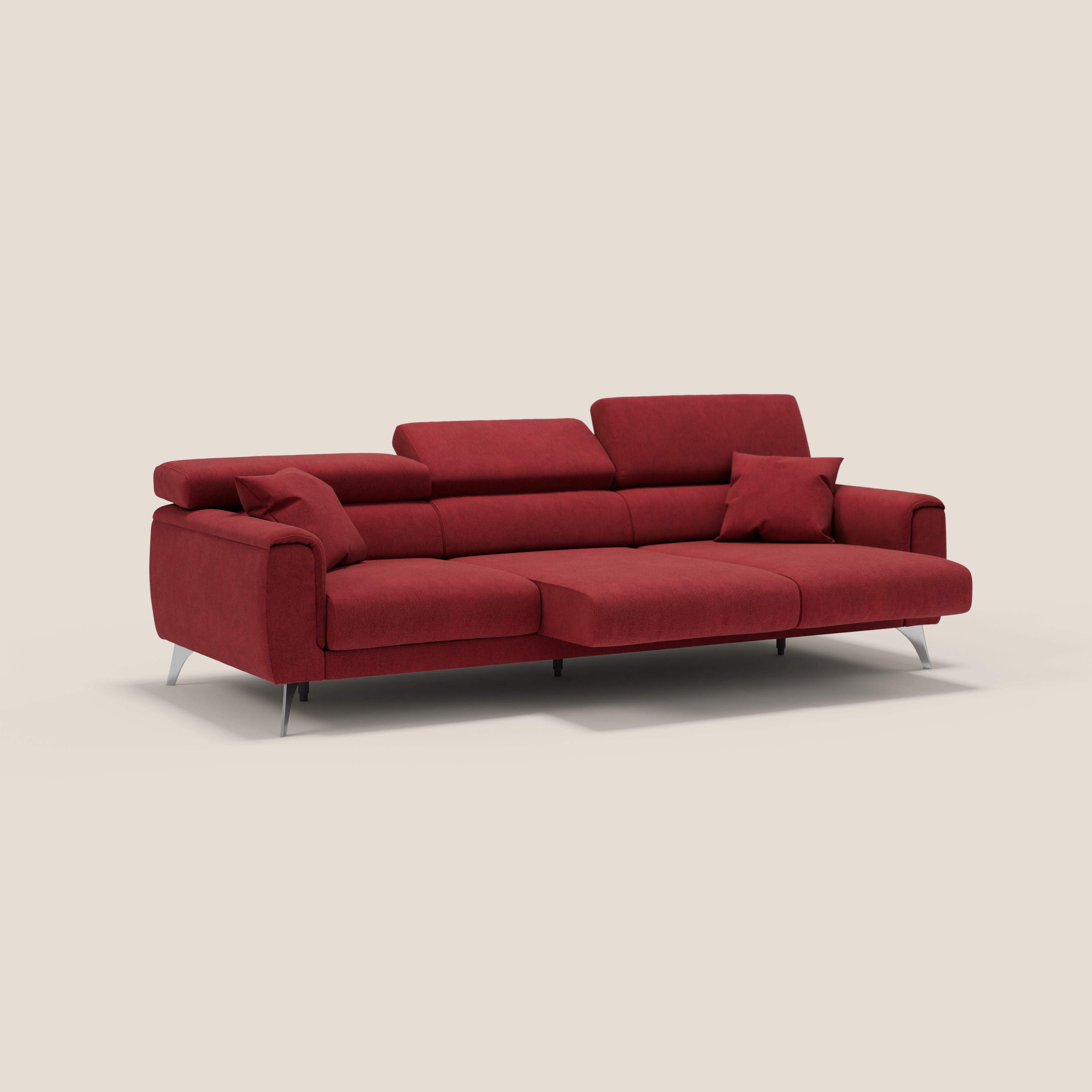 Caravaggio divano con 3 sedute allungabili indipendenti e poggiatesta reclinabili in tessuto impermeabile T02 rosso - divani.store