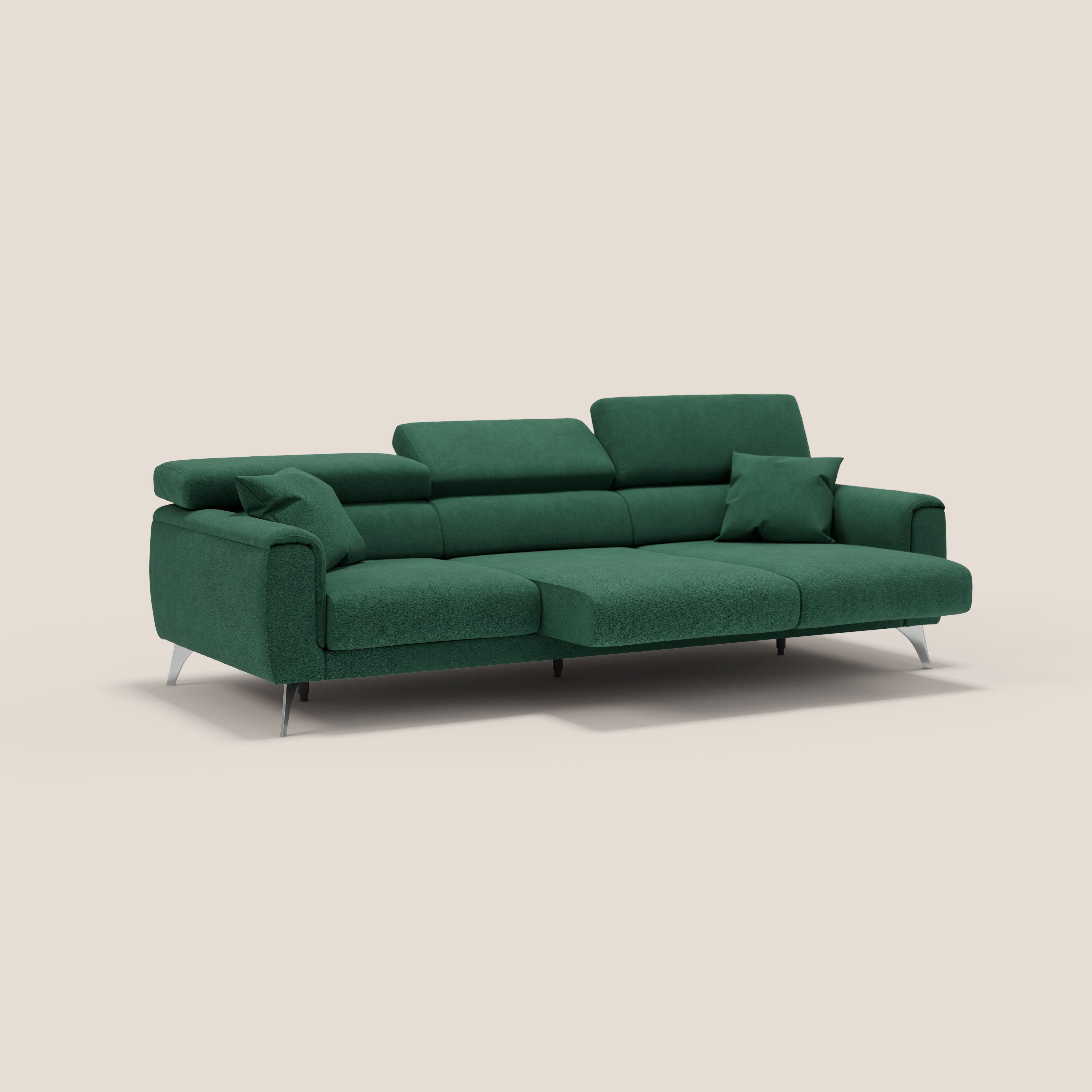 Caravaggio divano con 3 sedute allungabili indipendenti e poggiatesta reclinabili in tessuto impermeabile T02 verde - divani.store