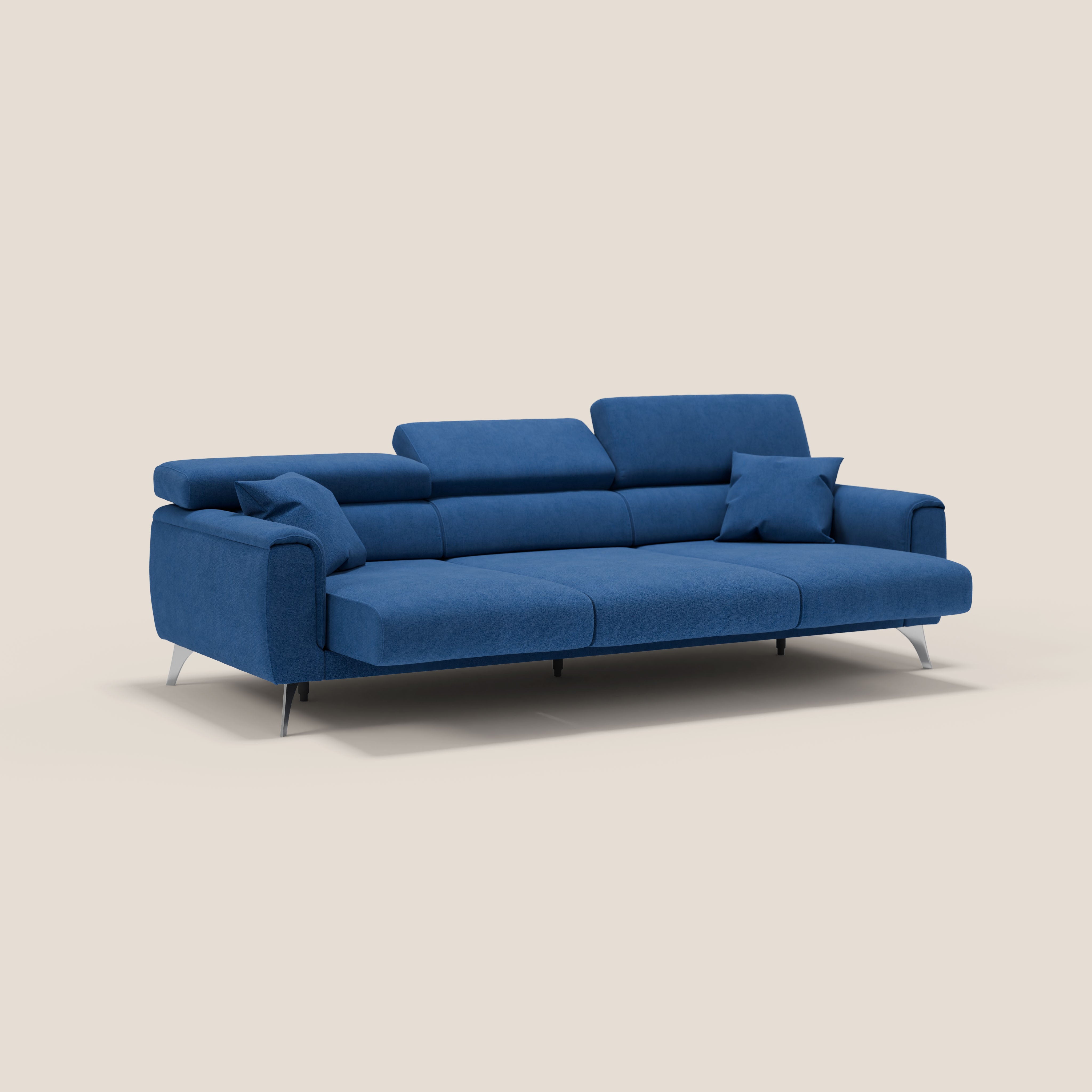 Caravaggio divano con 3 sedute allungabili indipendenti e poggiatesta reclinabili in tessuto impermeabile T02 blu - divani.store