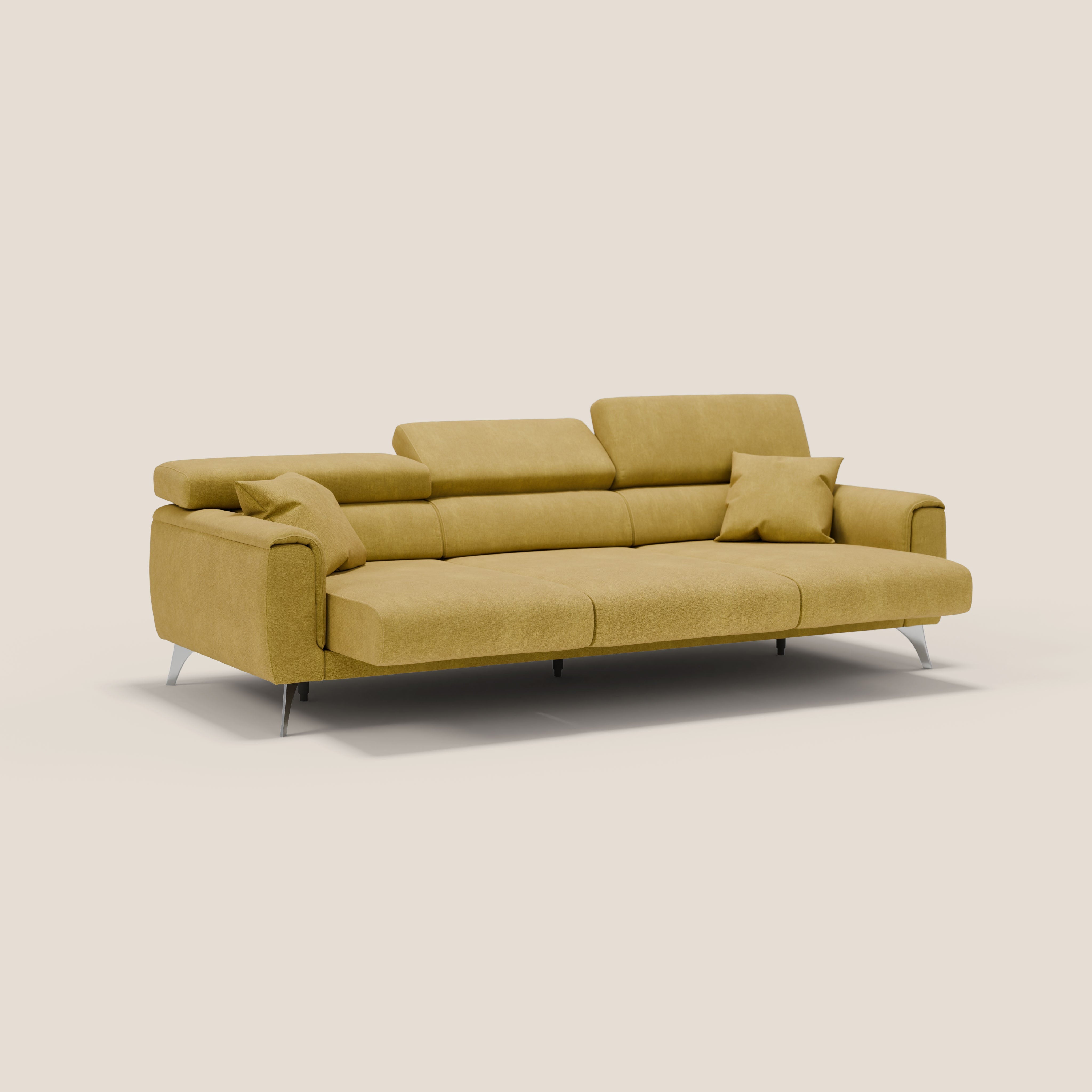 Caravaggio divano con 3 sedute allungabili indipendenti e poggiatesta reclinabili in tessuto impermeabile T02 giallo - divani.store