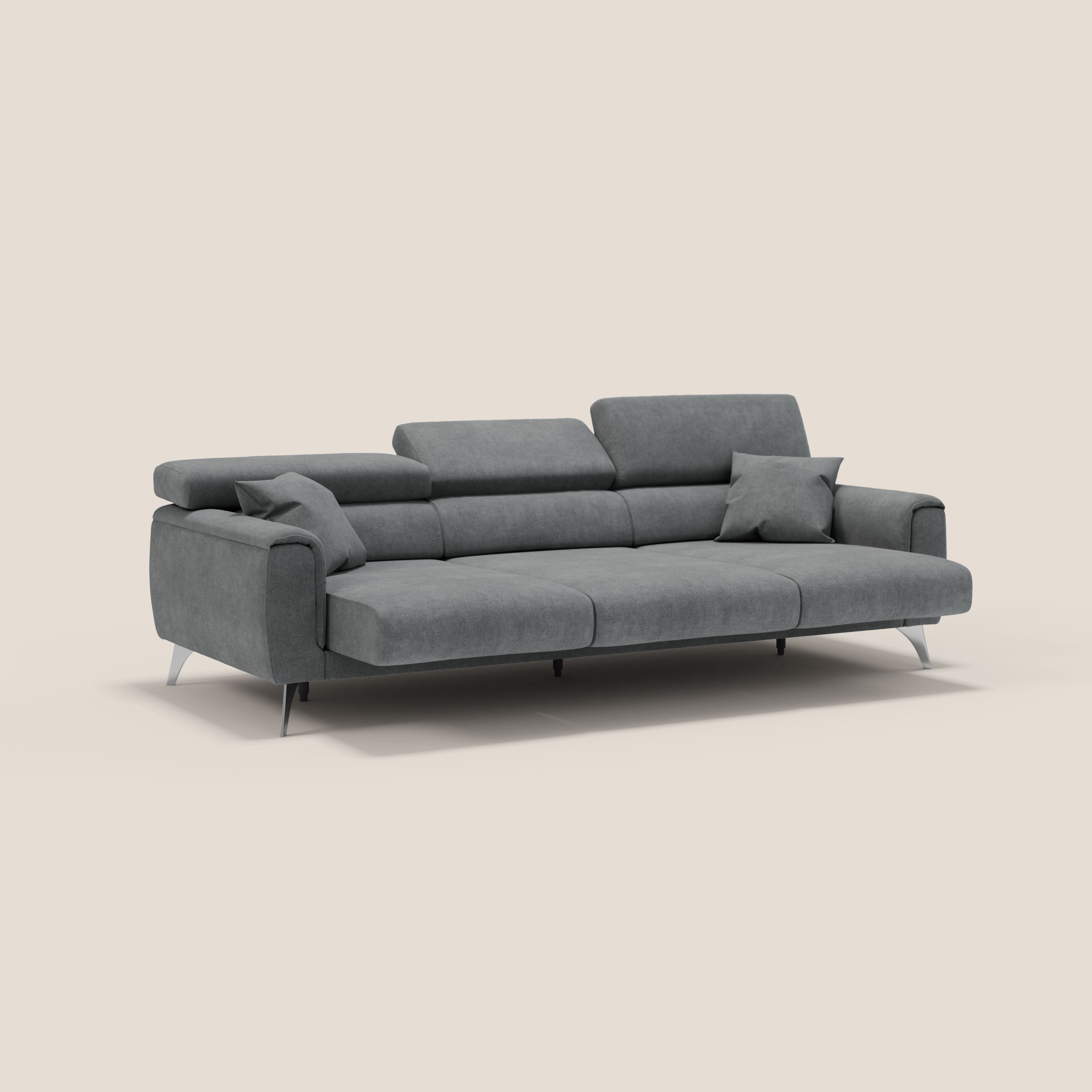 Caravaggio divano con 3 sedute allungabili indipendenti e poggiatesta reclinabili in tessuto impermeabile T02 grigio - divani.store