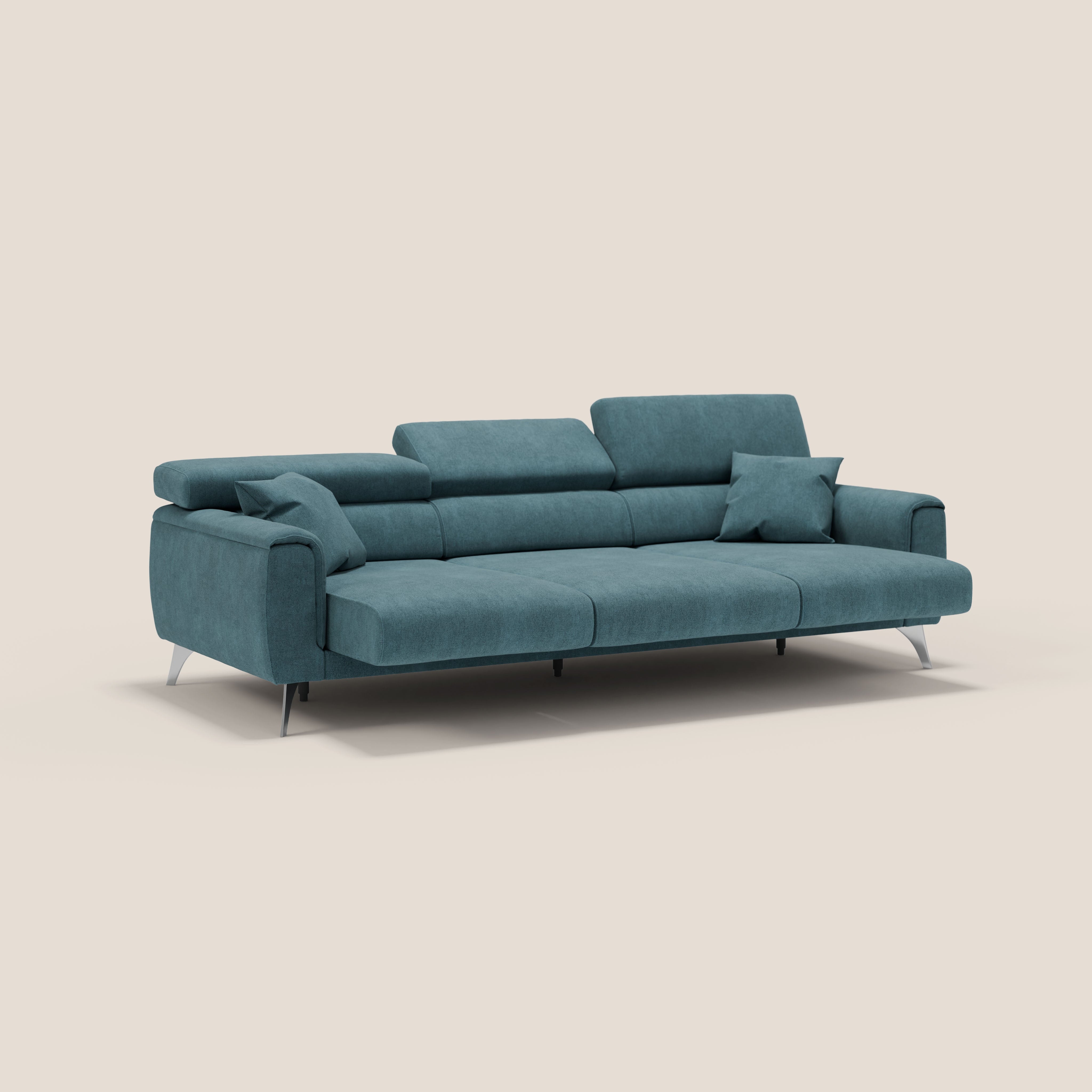 Caravaggio divano con 3 sedute allungabili indipendenti e poggiatesta reclinabili in tessuto impermeabile T02 petrolio - divani.store