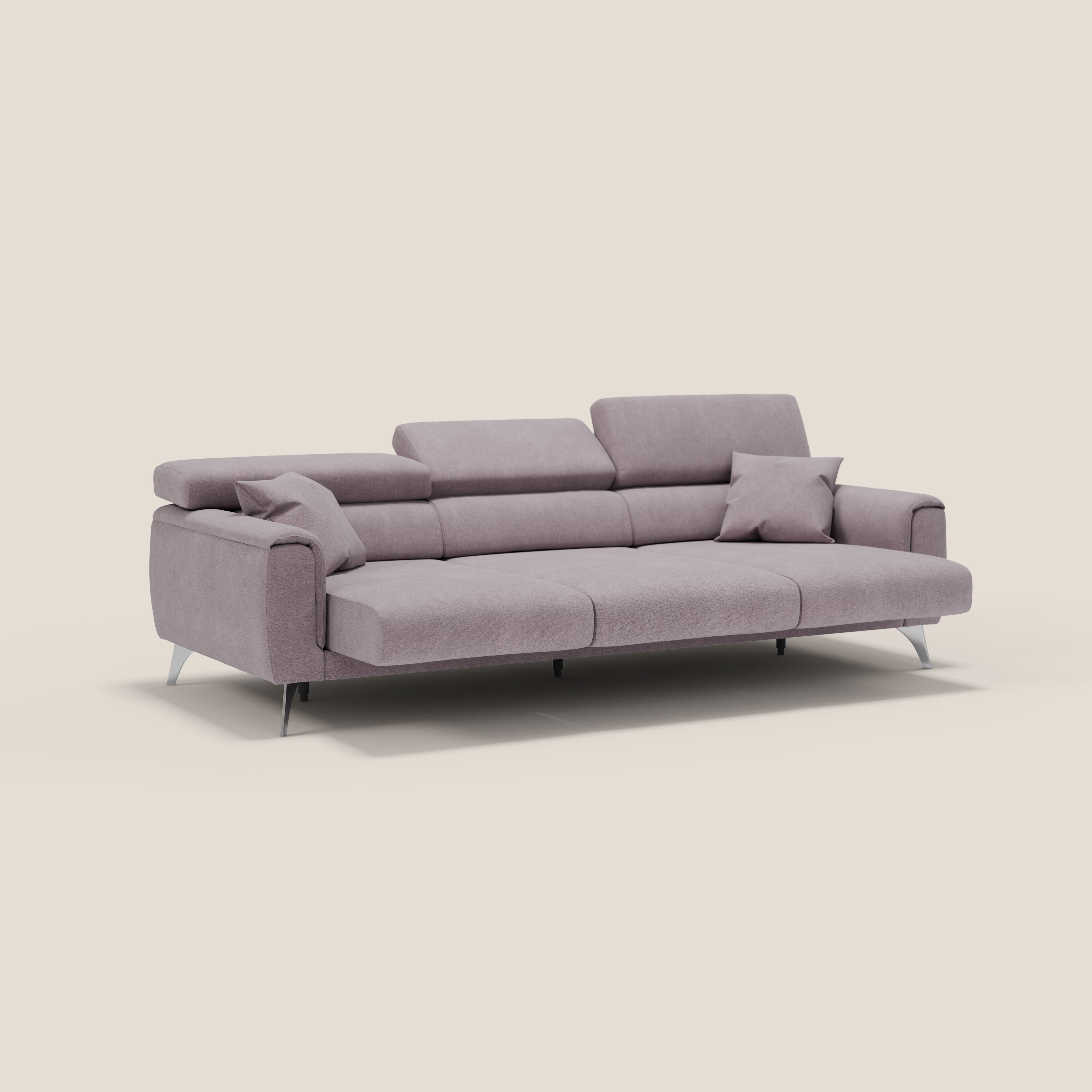 Caravaggio divano con 3 sedute allungabili indipendenti e poggiatesta reclinabili in tessuto impermeabile T02 rosa - divani.store