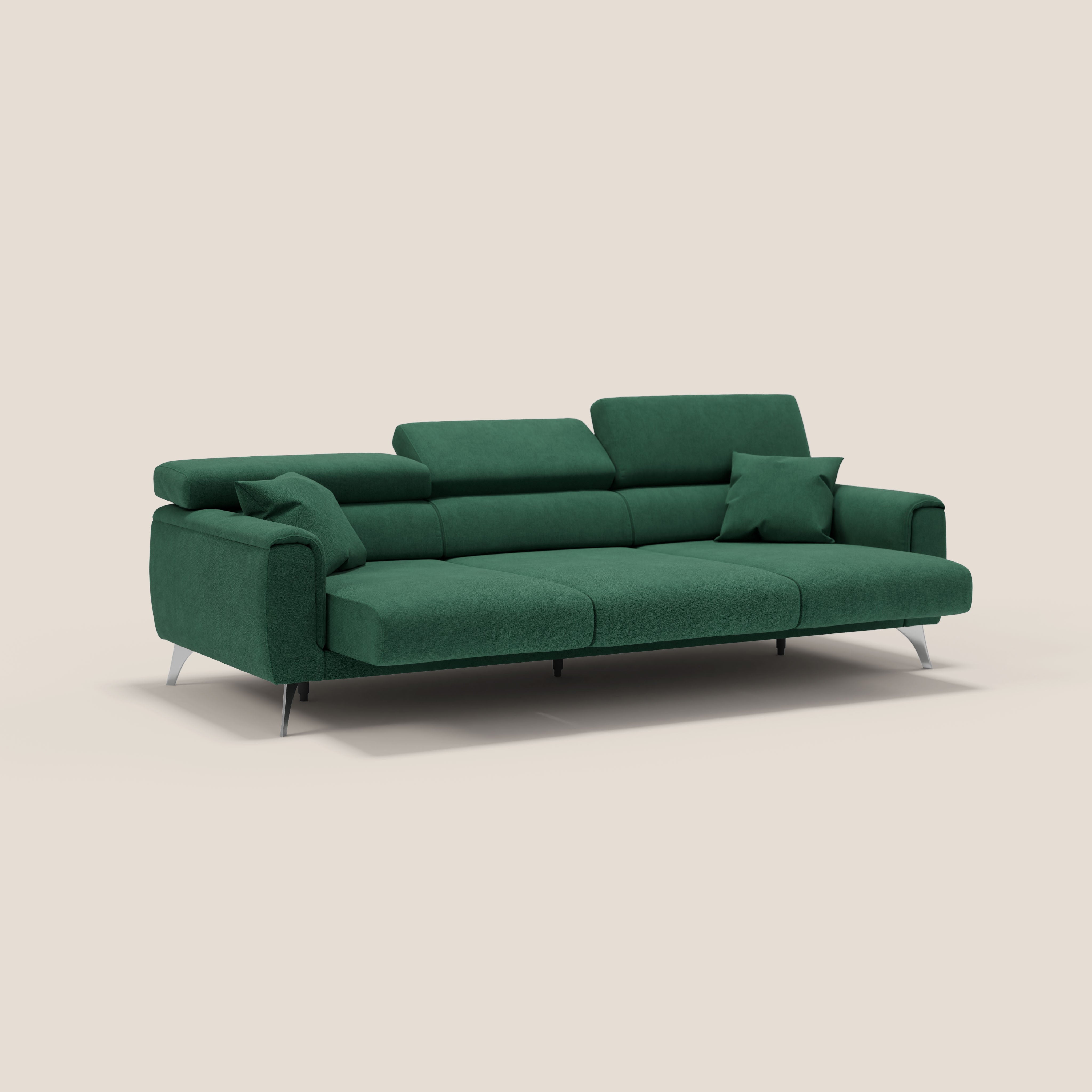 Caravaggio divano con 3 sedute allungabili indipendenti e poggiatesta reclinabili in tessuto impermeabile T02 verde - divani.store