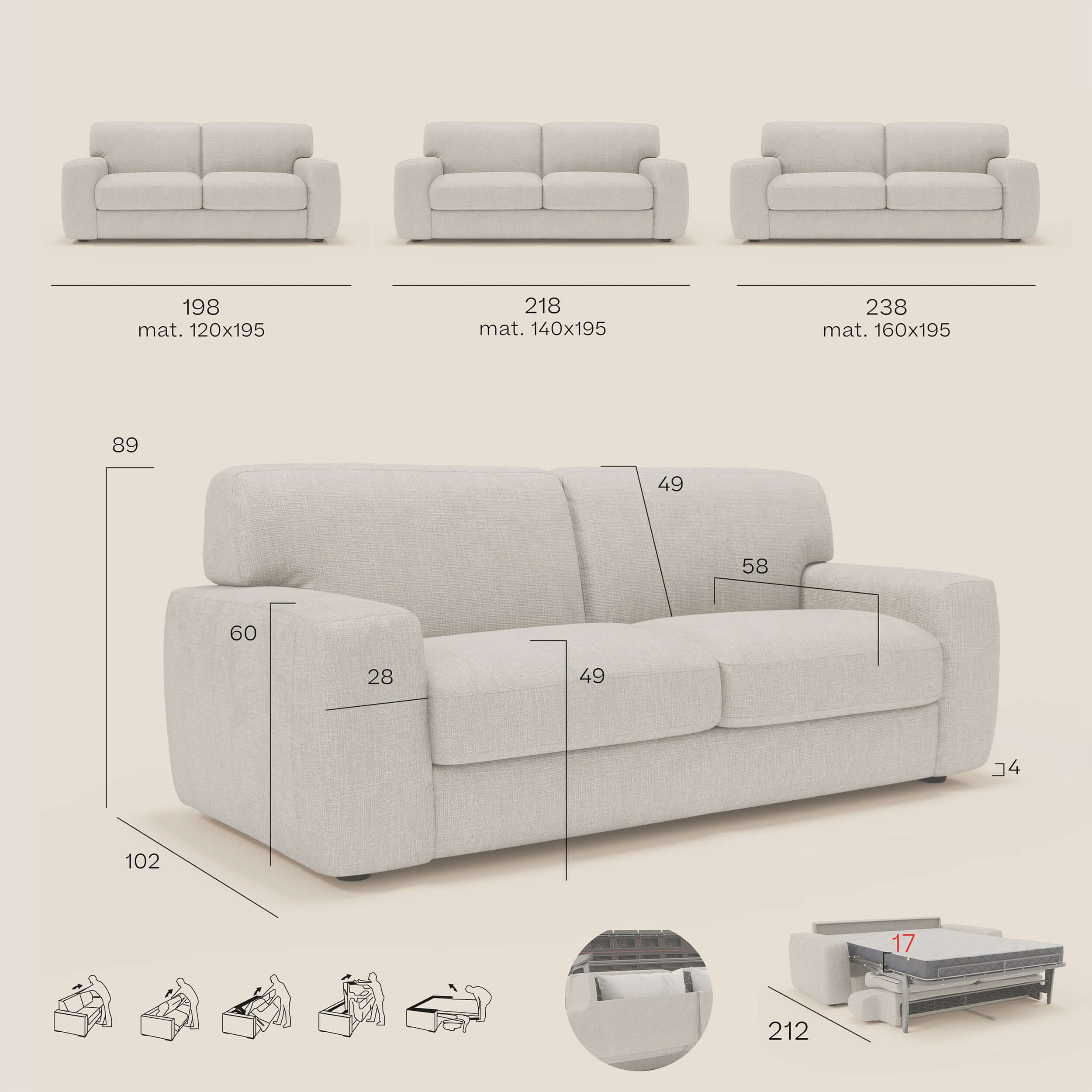 Cloud Canapé convertible matelas H17 cm avec coussins souples en tissu imperméable T06 ocre