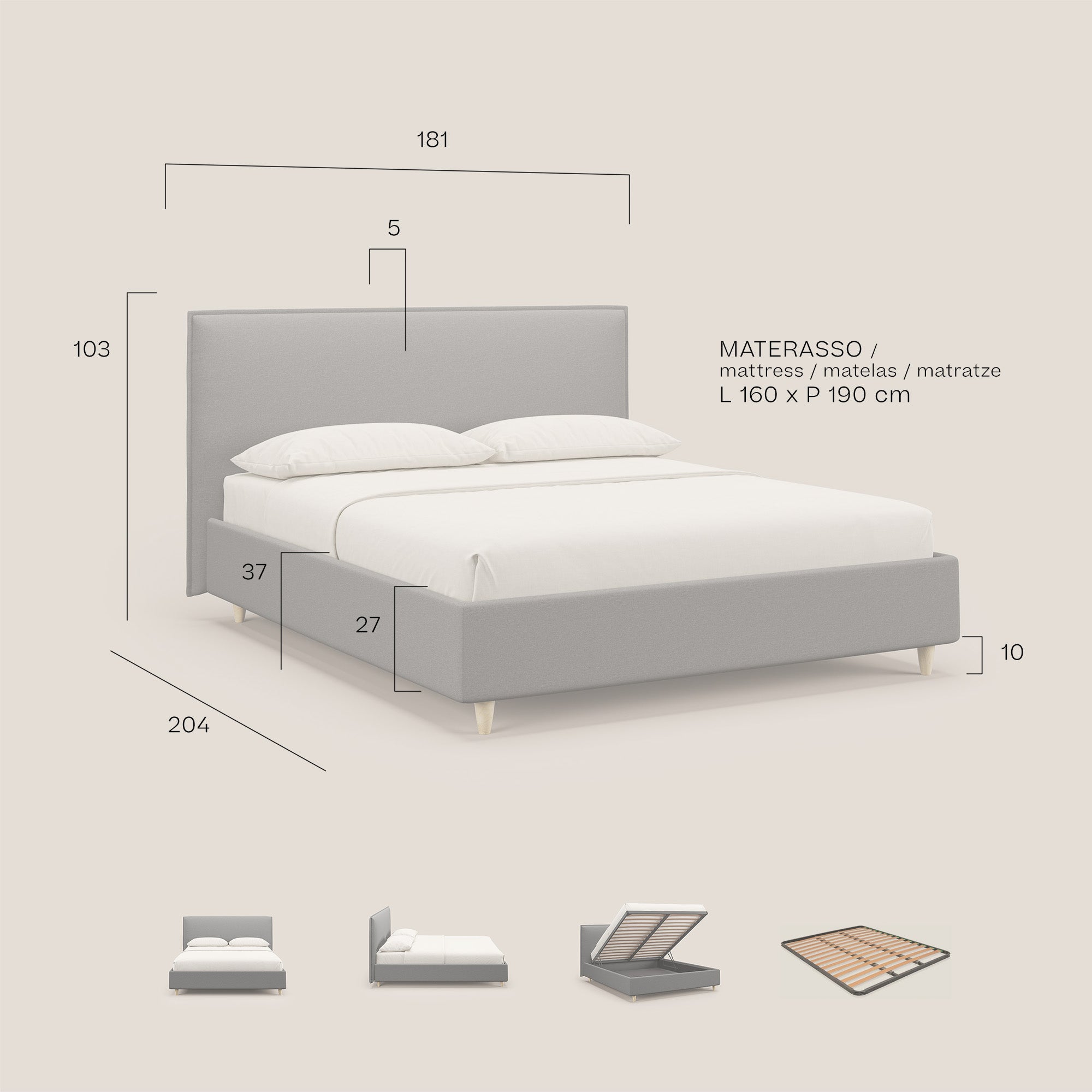 Costanza letto contenitore e sfoderabile in tessuto misto cotone impermeabile T13 grigio - divani.store