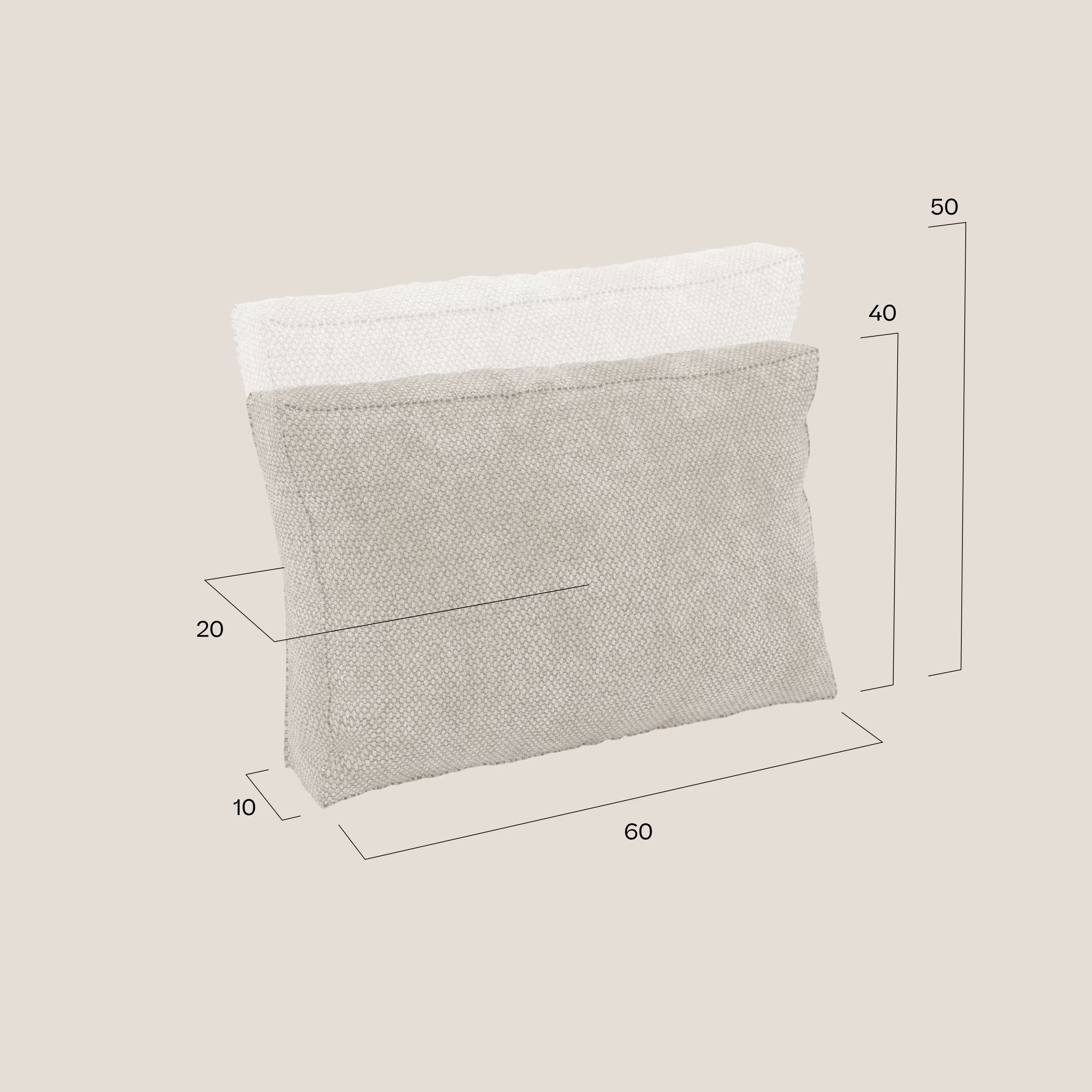 Due cuscini schienale rettangolari BonBon di Divani.Store, in smacchiabile T23 beige, sono raffigurati su sfondo beige con dimensioni. Disponibili in 2 misure, sono ideali per aggiungere comfort al vostro divano modulare BonBon.