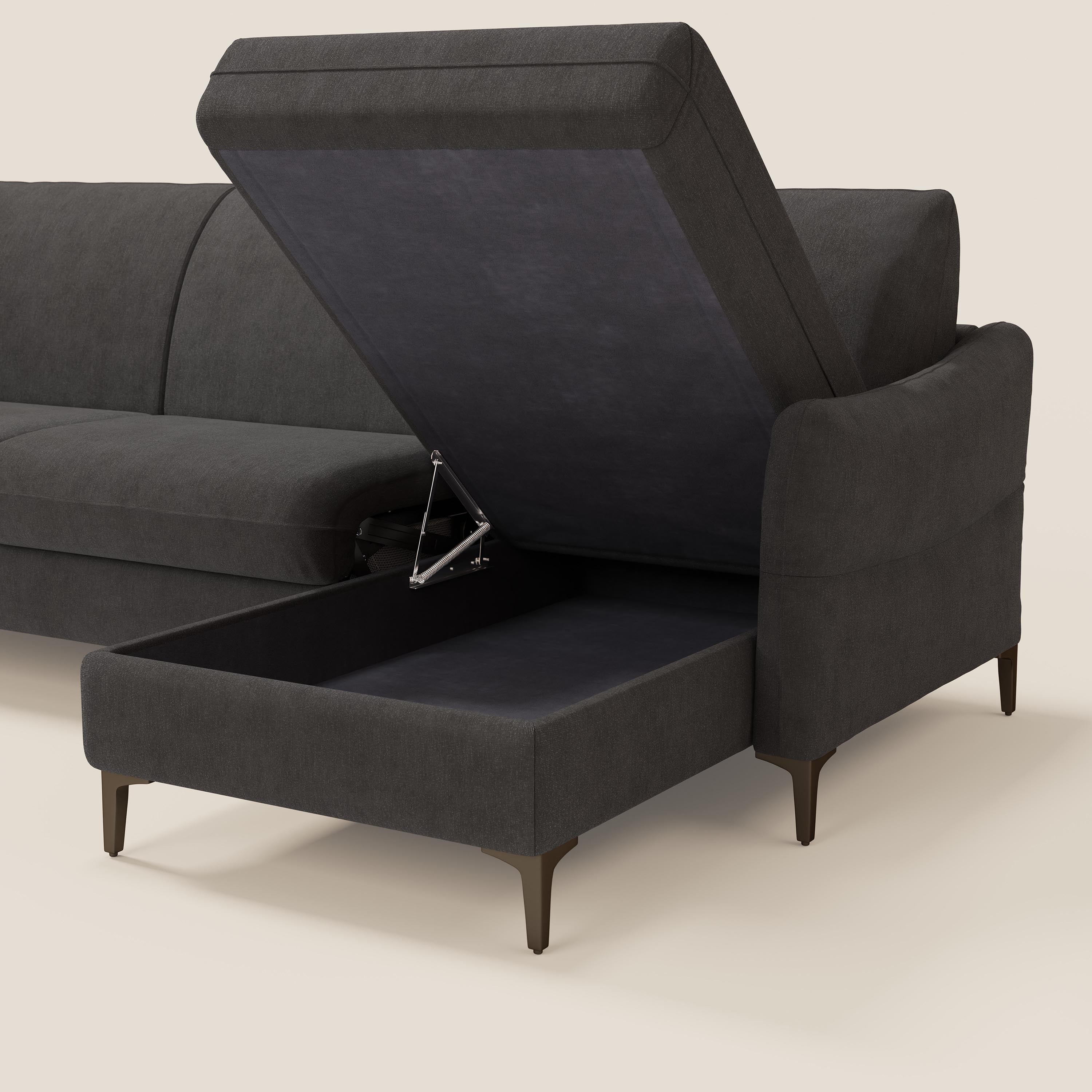 Dalia divano letto angolare con materasso alto 18 cm piedini alti e penisola contenitore in tessuto smacchiabile T17 - divani.store