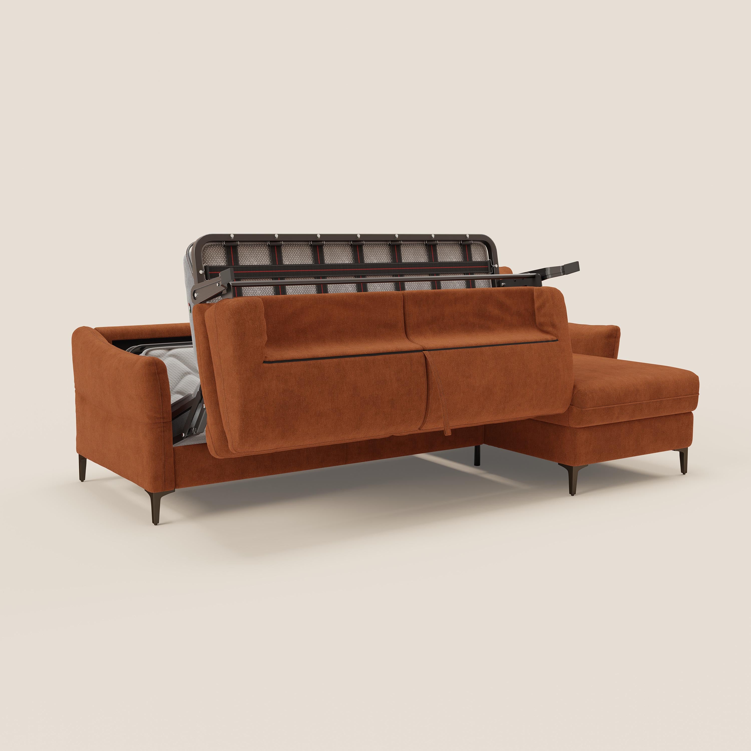 Dalia divano letto angolare con materasso alto 18 cm piedini alti e penisola contenitore in tessuto smacchiabile T17 - divani.store