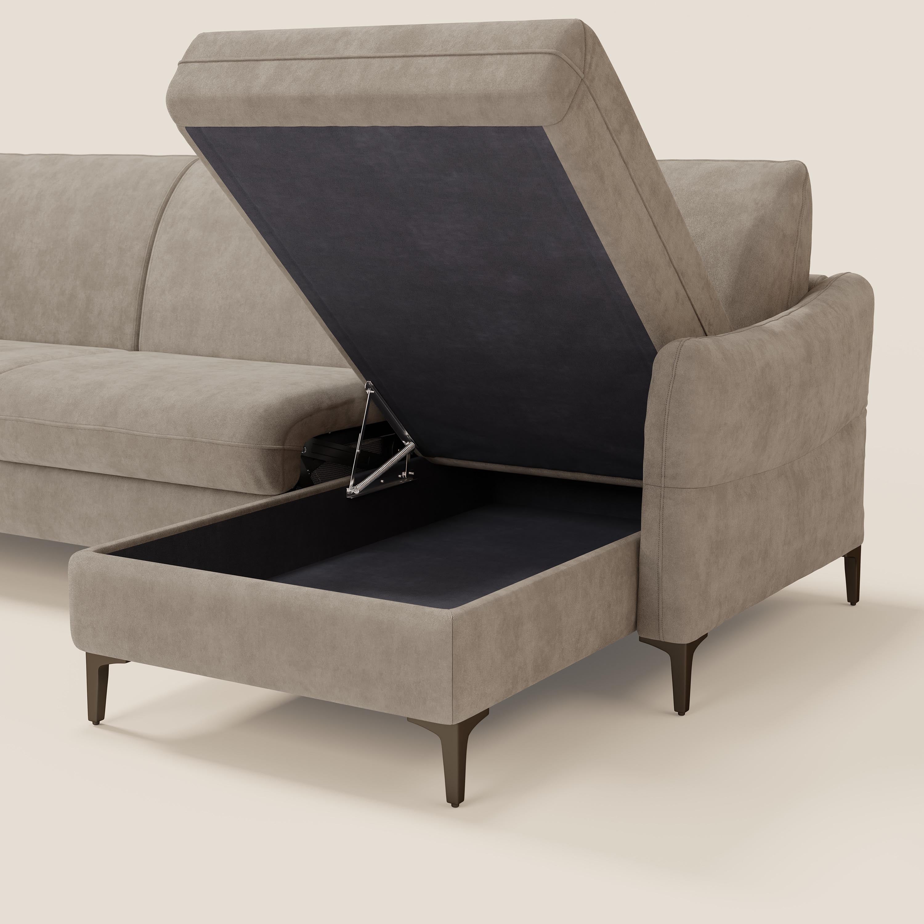 Dalia divano letto angolare con materasso alto 18 cm piedini alti e penisola contenitore in tessuto smacchiabile T17 - divani.store