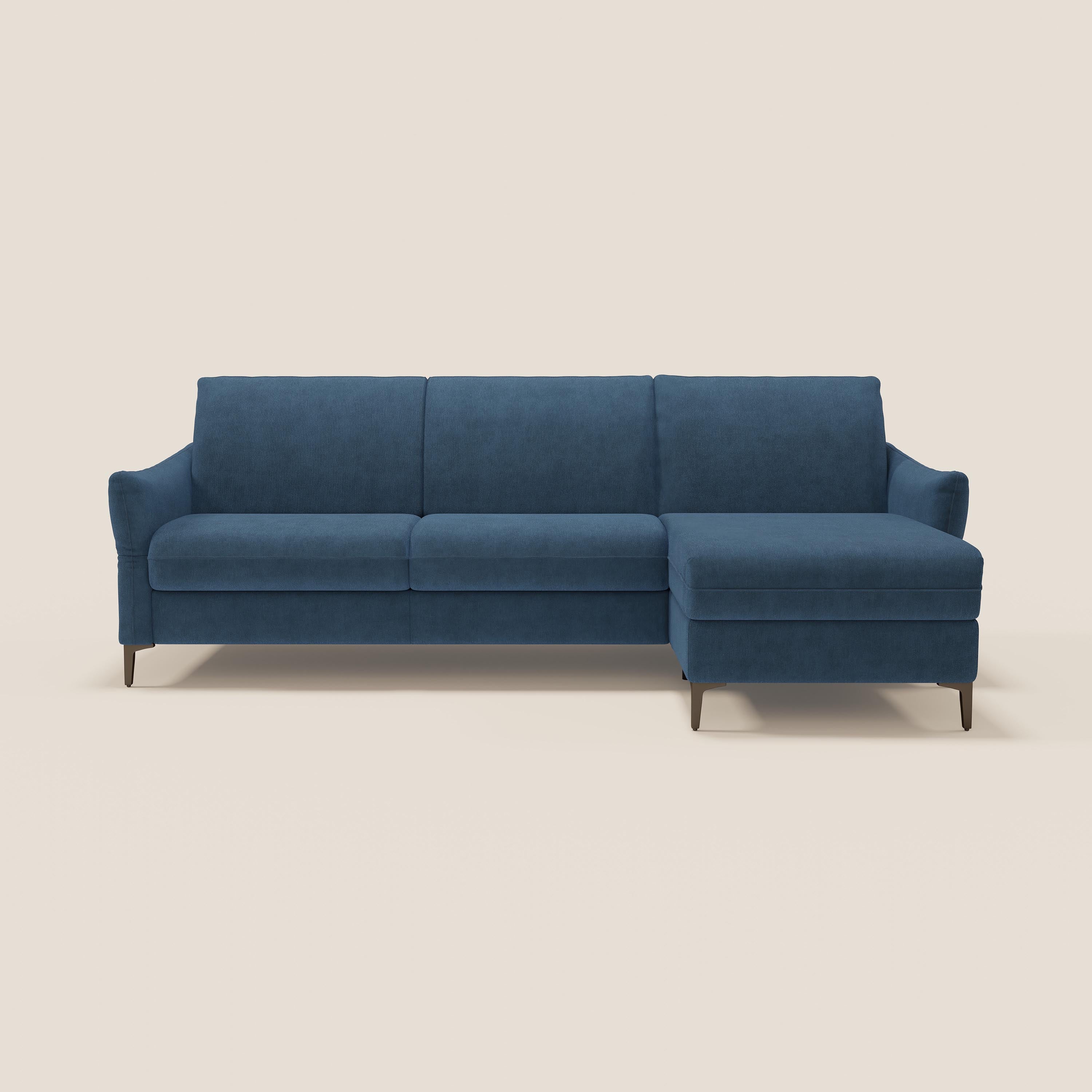 Dalia divano letto angolare con materasso alto 18 cm piedini alti e penisola contenitore in tessuto smacchiabile T17 - divani.store