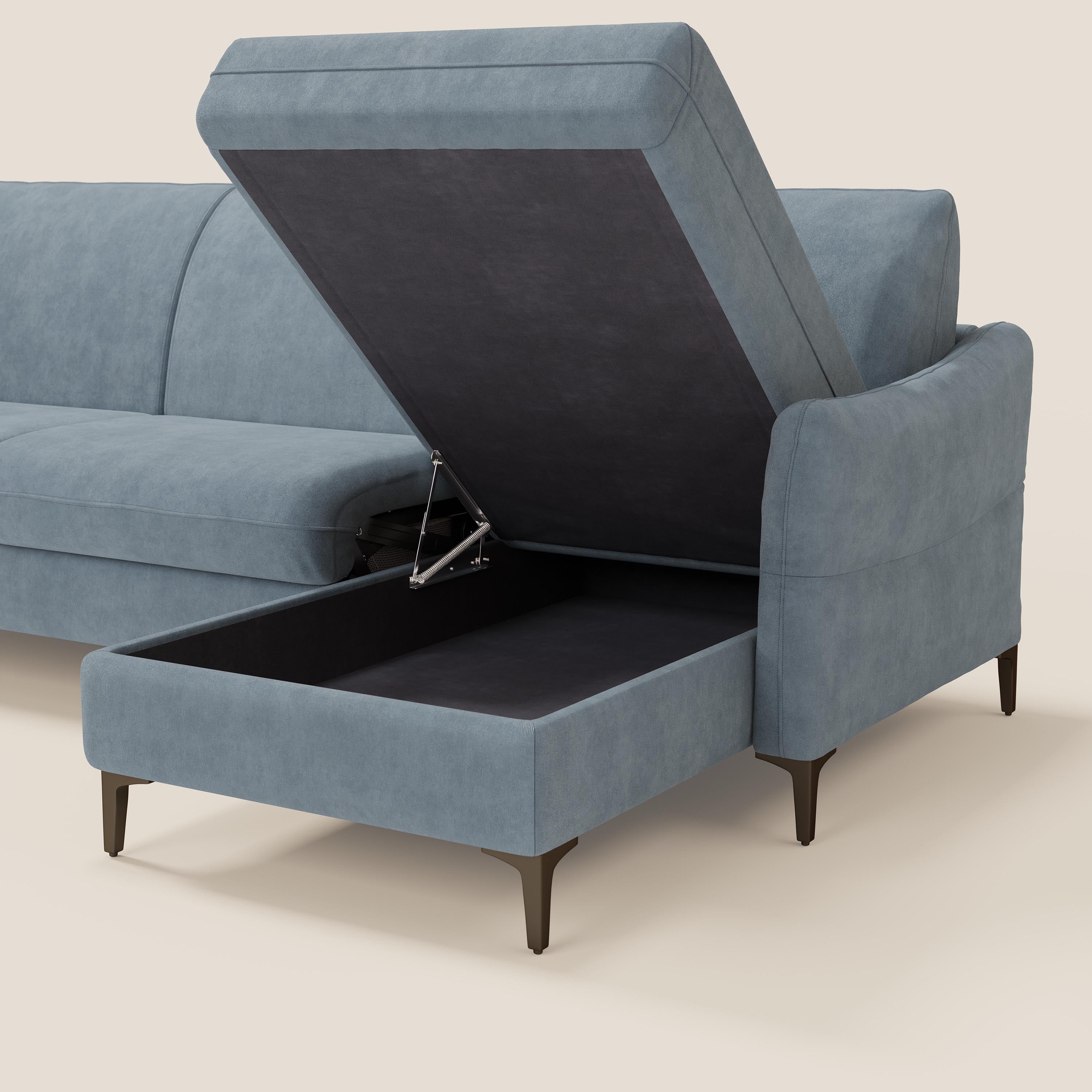 Dalia divano letto angolare con materasso alto 18 cm piedini alti e penisola contenitore in tessuto smacchiabile T17 - divani.store