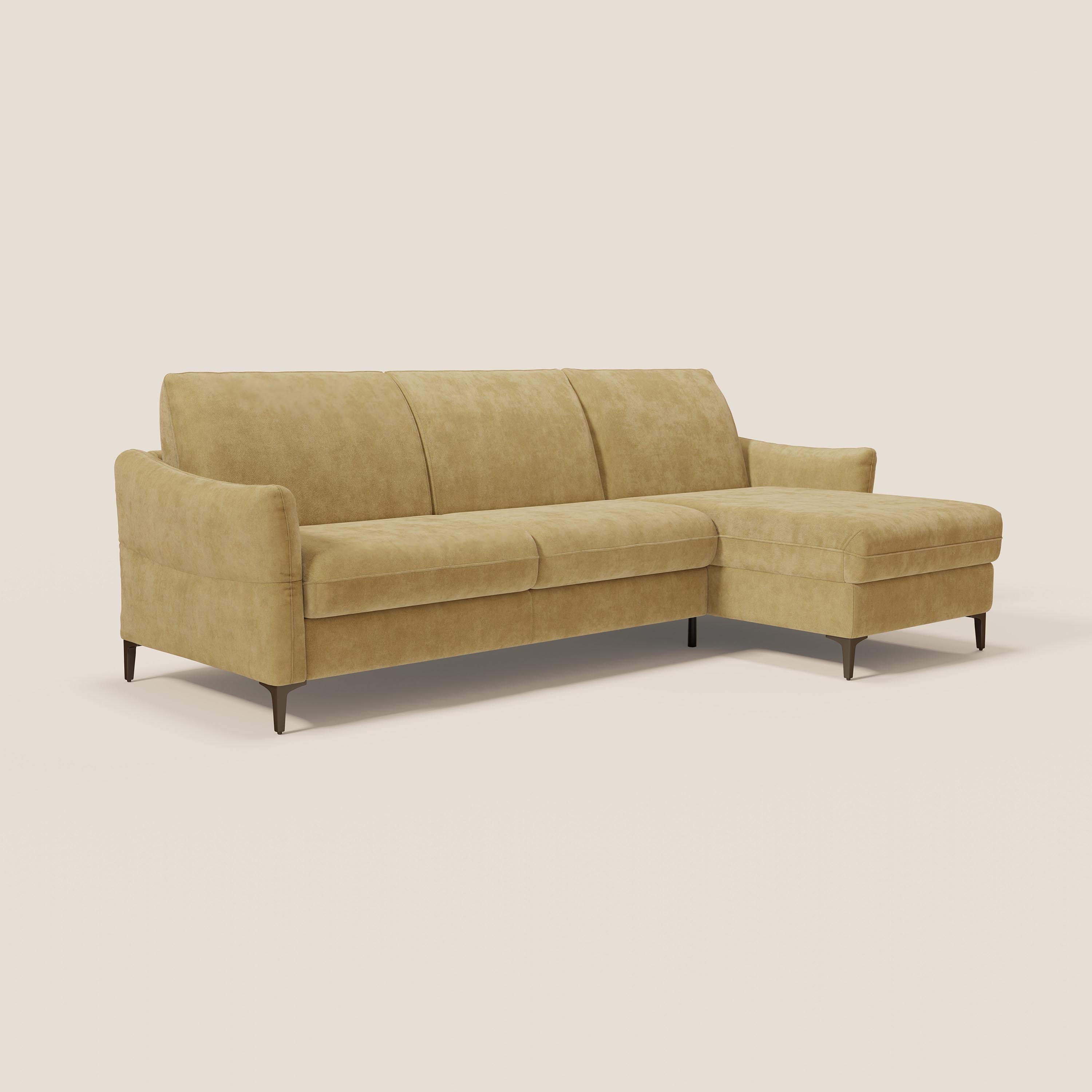 Dalia divano letto angolare con materasso alto 18 cm piedini alti e penisola contenitore in tessuto smacchiabile T17 - divani.store