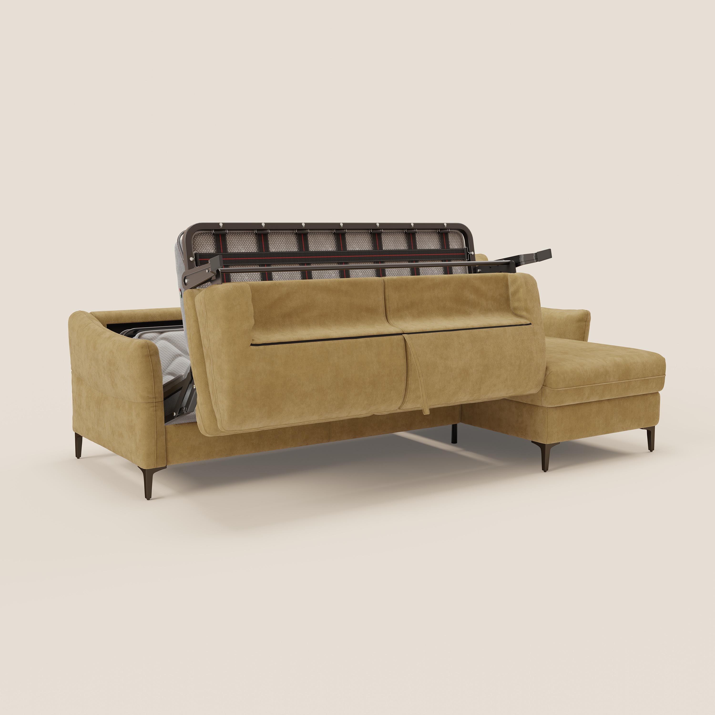 Dalia divano letto angolare con materasso alto 18 cm piedini alti e penisola contenitore in tessuto smacchiabile T17 - divani.store