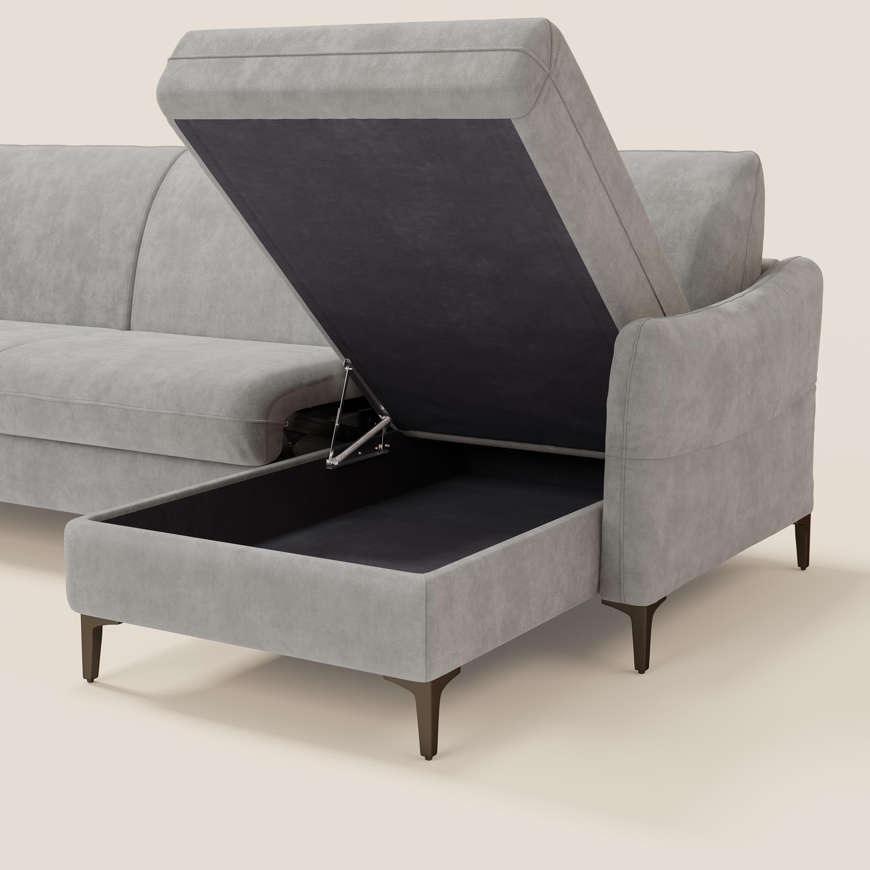 Dalia divano letto angolare con materasso alto 18 cm piedini alti e penisola contenitore in tessuto smacchiabile T17 - divani.store