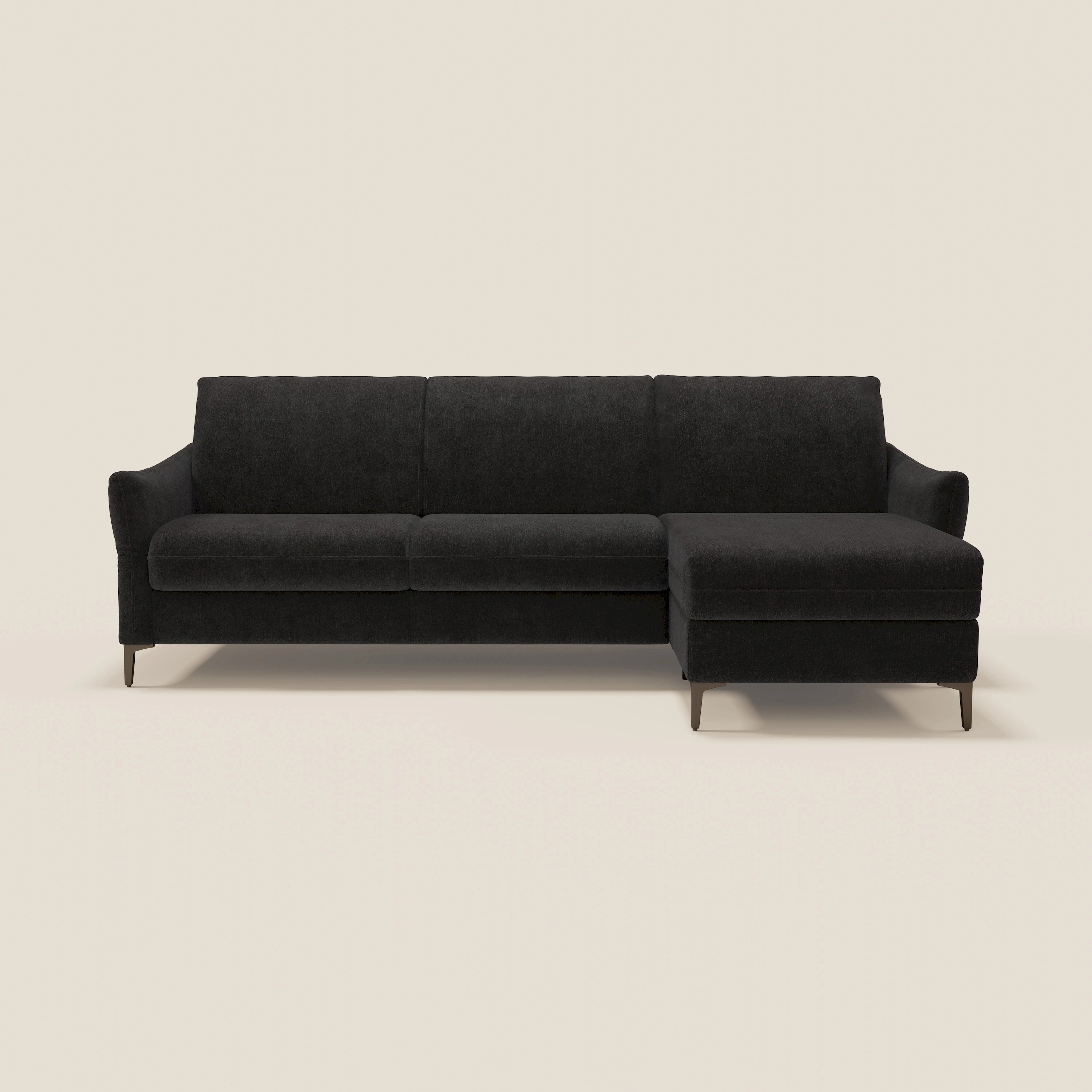 Dalia divano letto angolare con materasso alto 18 cm piedini alti e penisola contenitore in tessuto smacchiabile T17 - divani.store