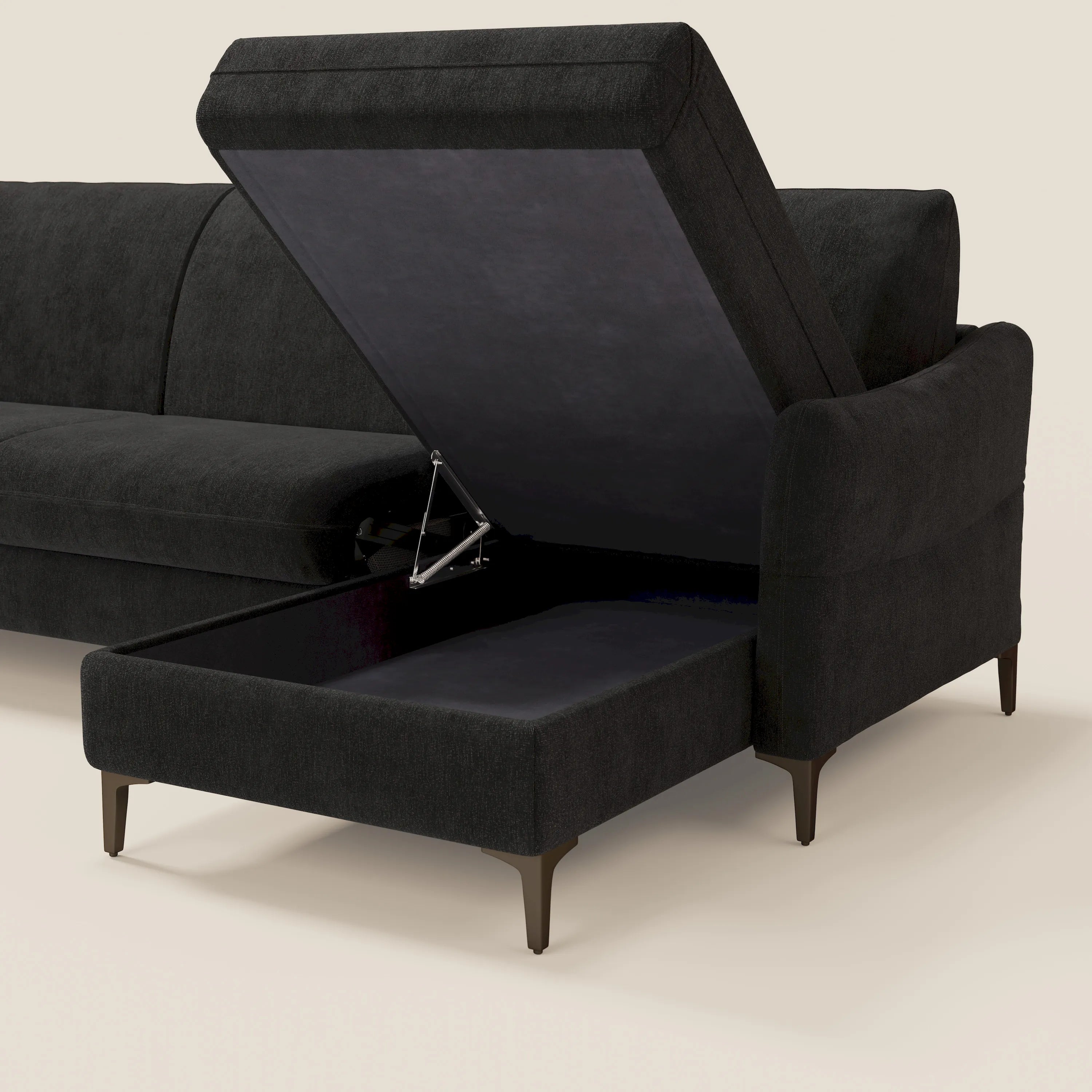 Dalia divano letto angolare con materasso alto 18 cm piedini alti e penisola contenitore in tessuto smacchiabile T17 - divani.store