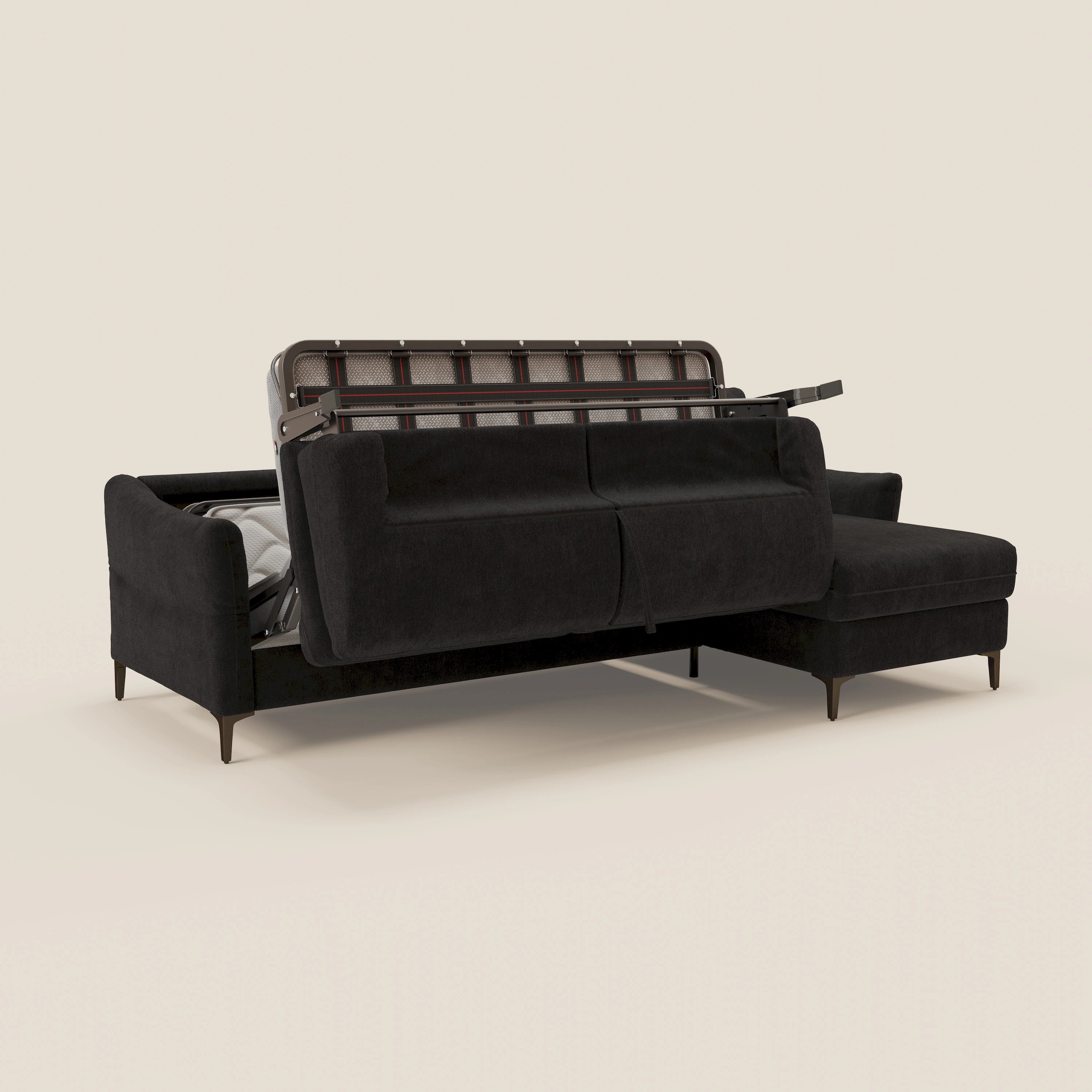 Dalia divano letto angolare con materasso alto 18 cm piedini alti e penisola contenitore in tessuto smacchiabile T17 - divani.store