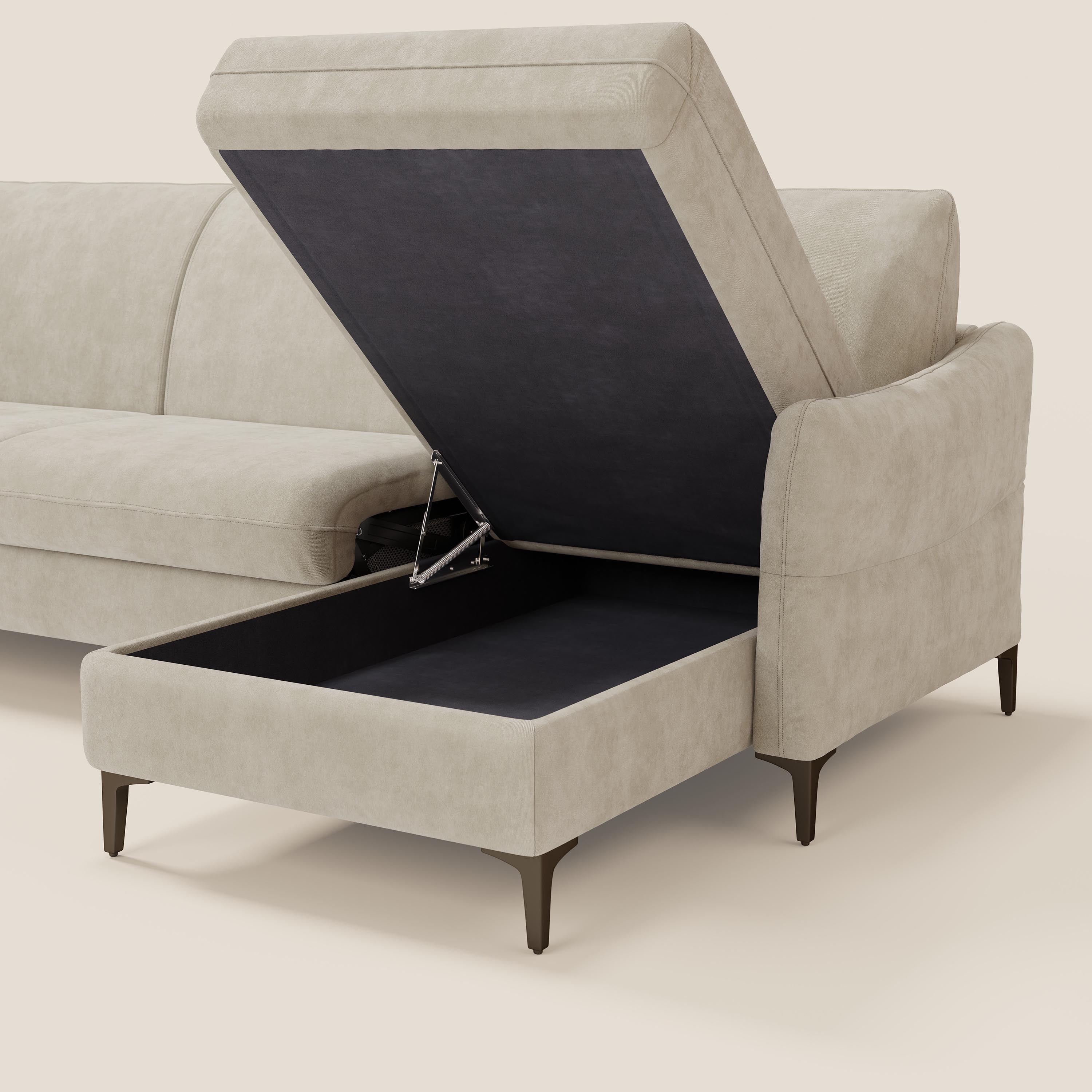 Dalia divano letto angolare con materasso alto 18 cm piedini alti e penisola contenitore in tessuto smacchiabile T17 - divani.store