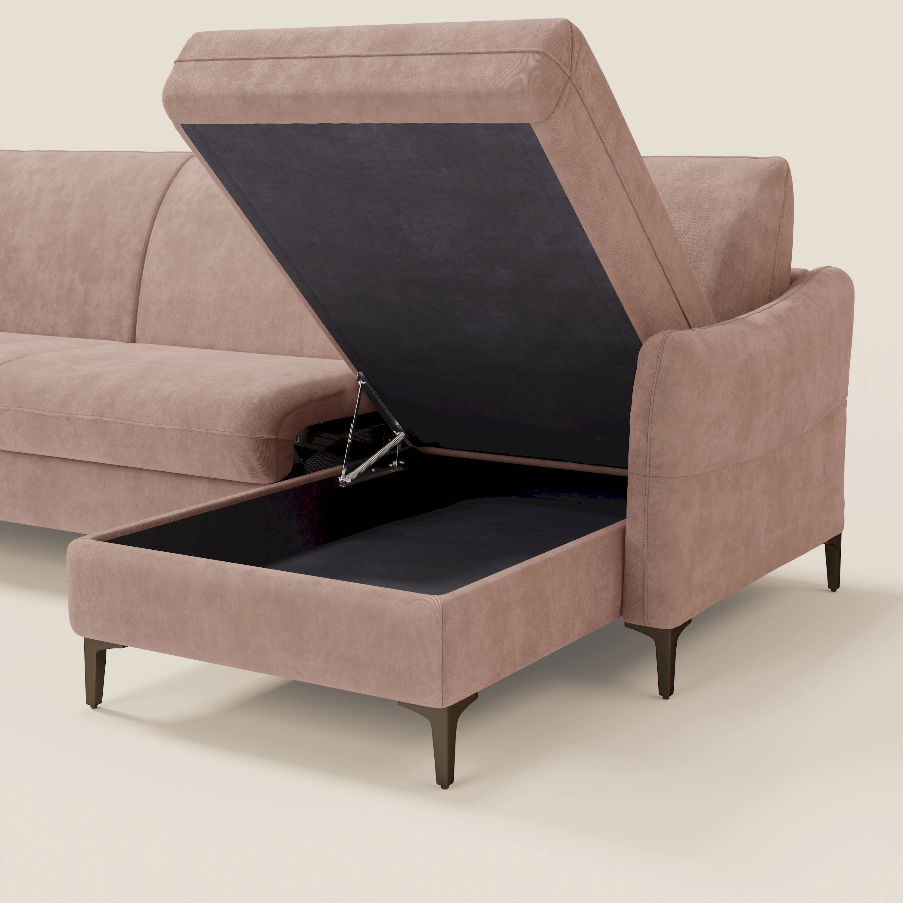 Dalia divano letto angolare con materasso alto 18 cm piedini alti e penisola contenitore in tessuto smacchiabile T17 - divani.store