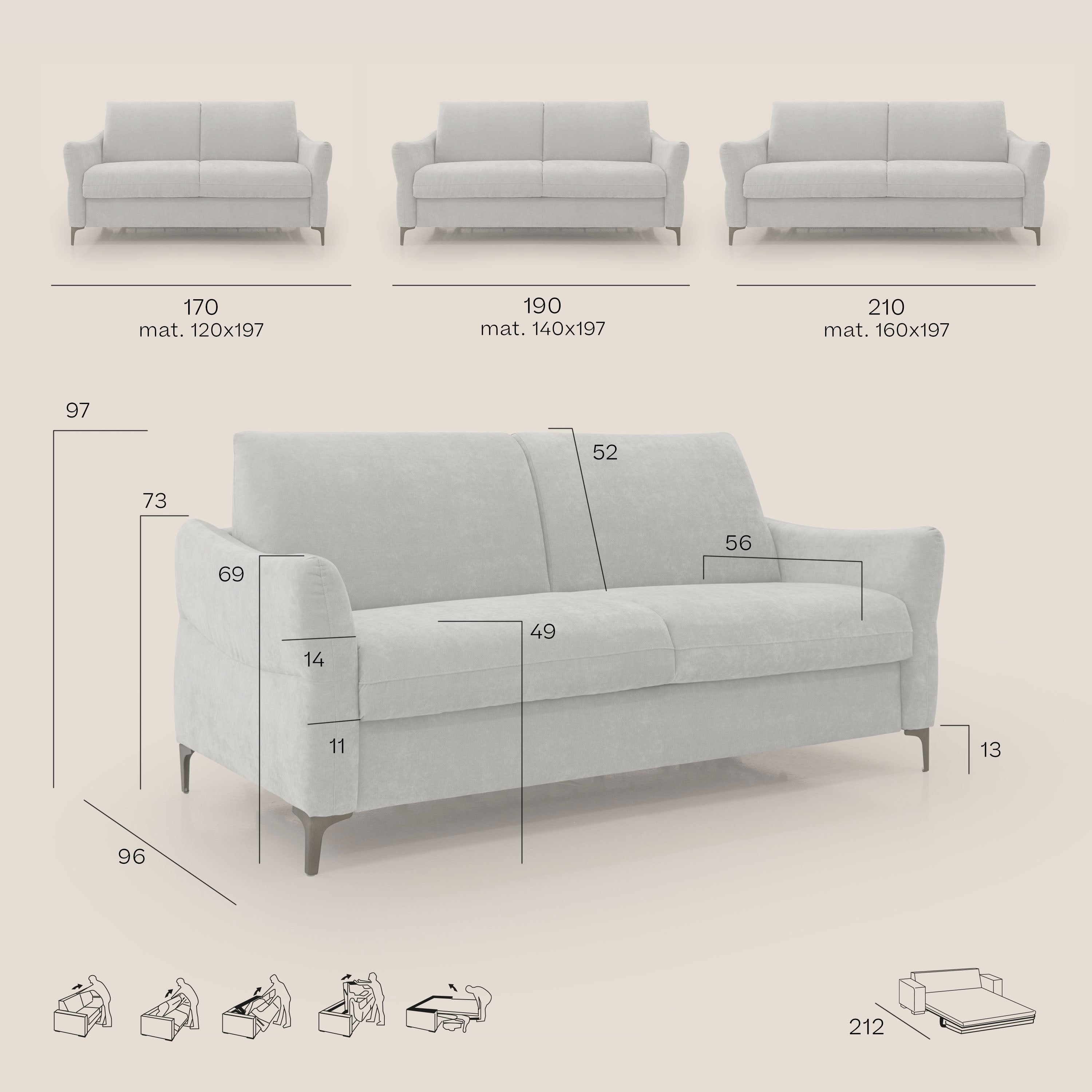 Dalia divano letto con materasso H18 cm e piedi alti in raffinato tessuto smacchiabile T17 beige - divani.store