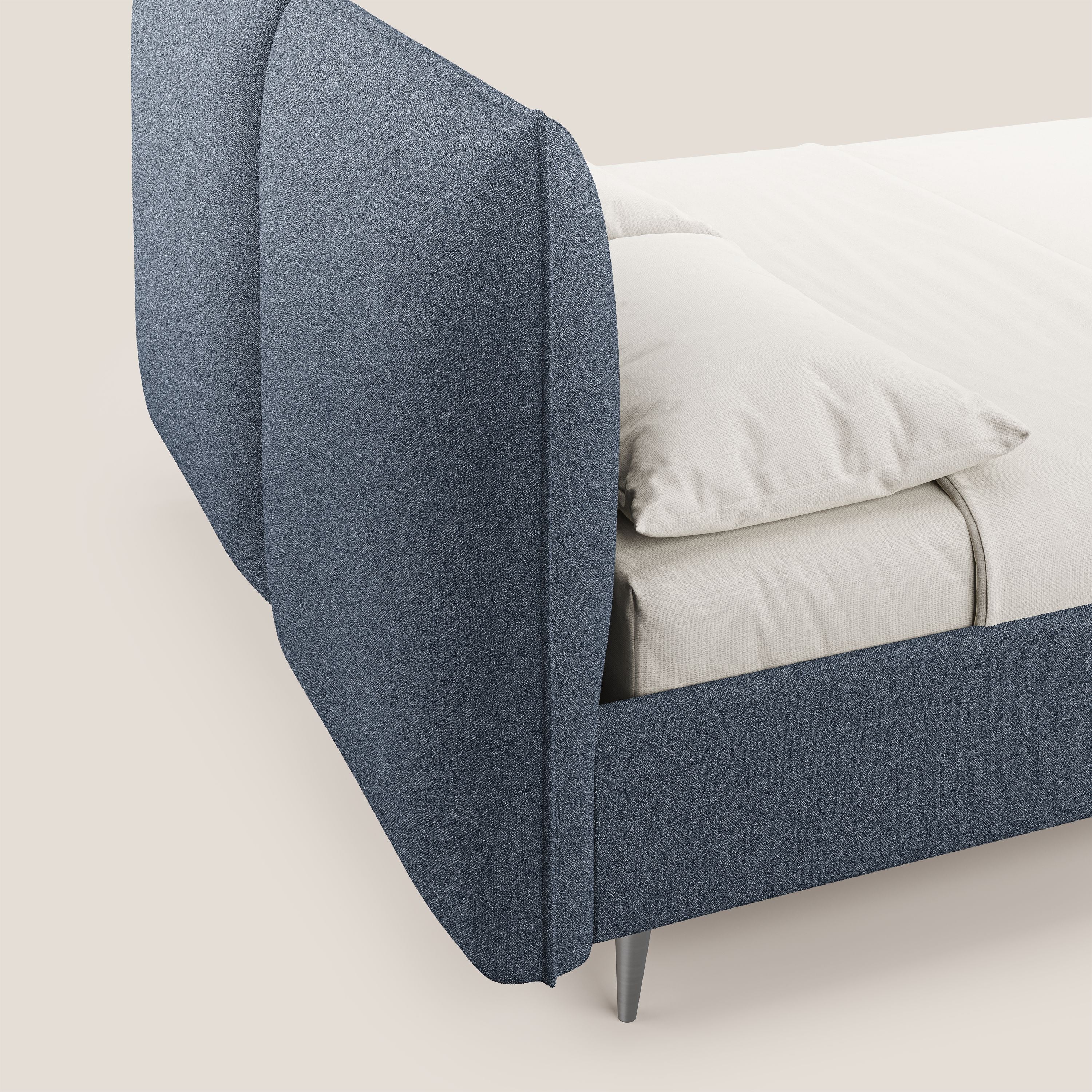 Adone letto imbottito contenitore a doppia pannellatura in bouclet impermeabile T07 blu - divani.store