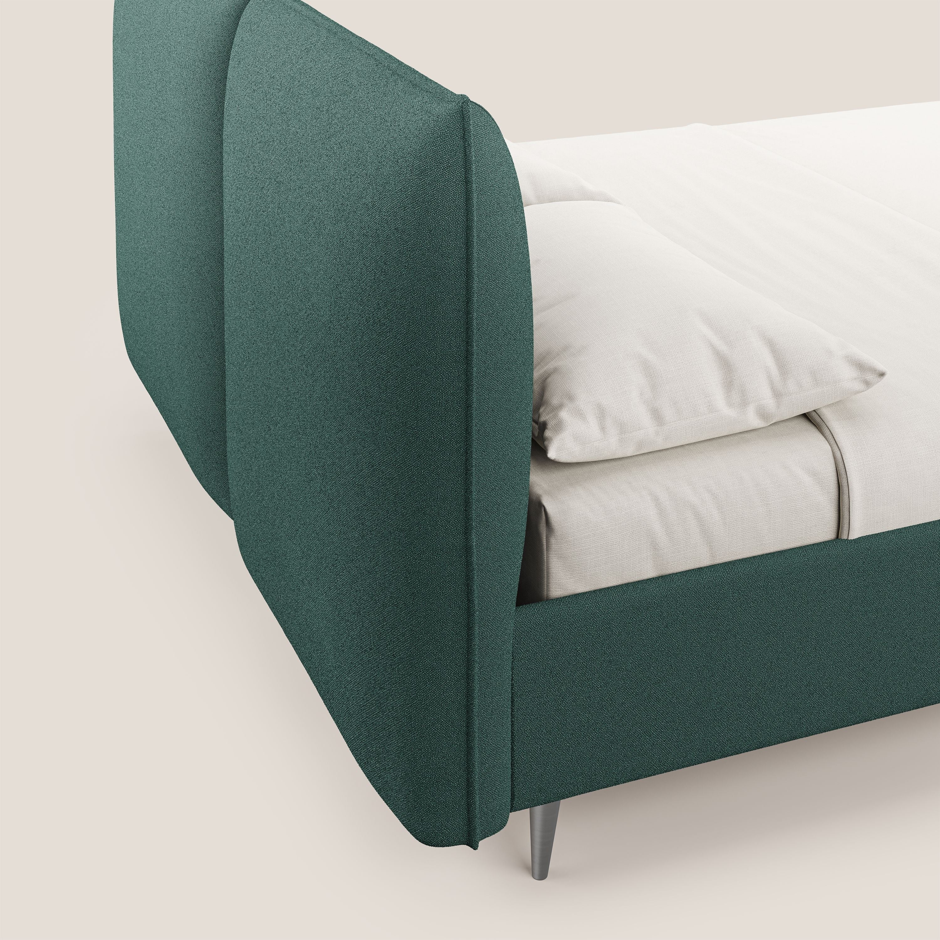 Adone letto imbottito contenitore a doppia pannellatura in bouclet impermeabile T07 verde - divani.store