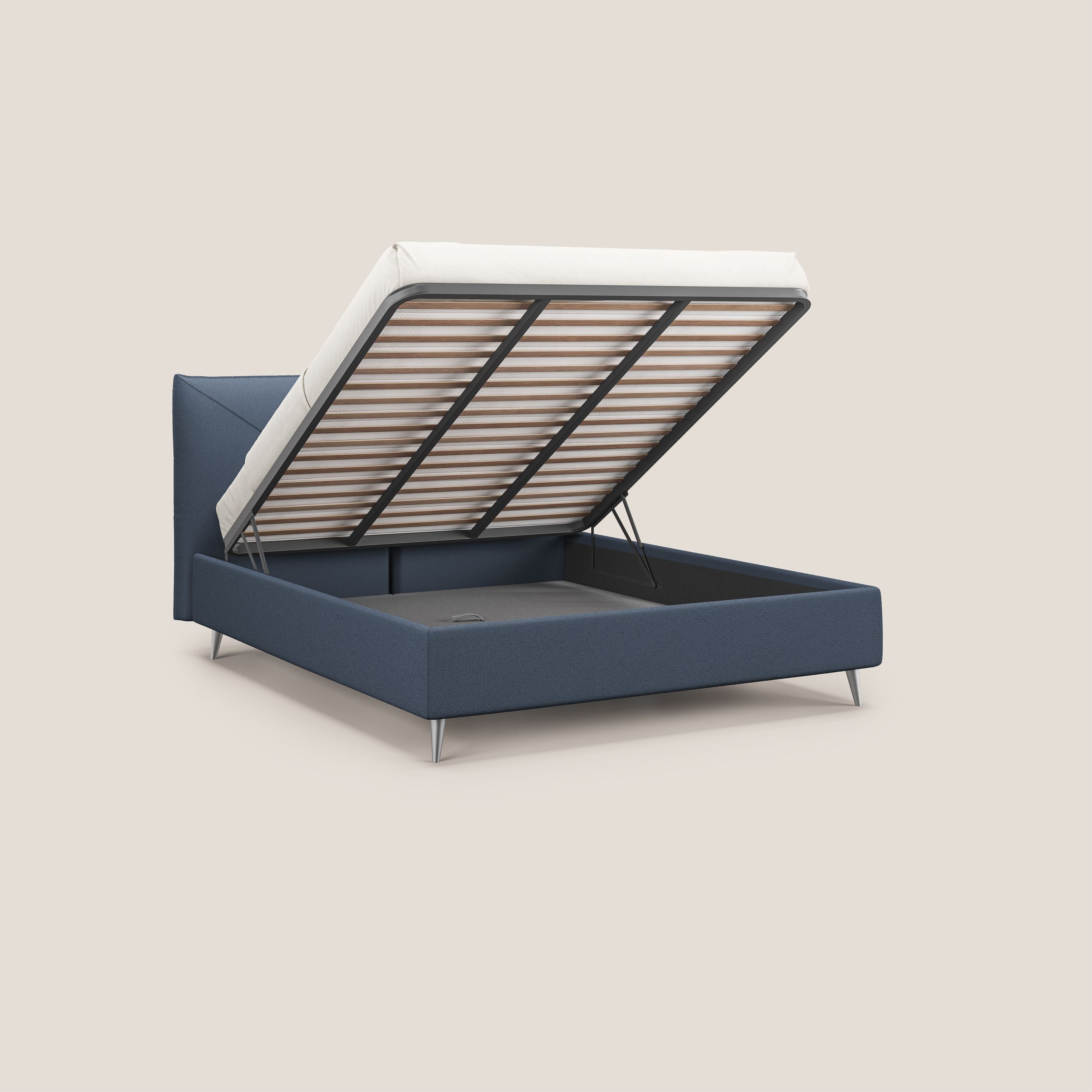 Adone letto imbottito contenitore a doppia pannellatura in bouclet impermeabile T07 blu - divani.store