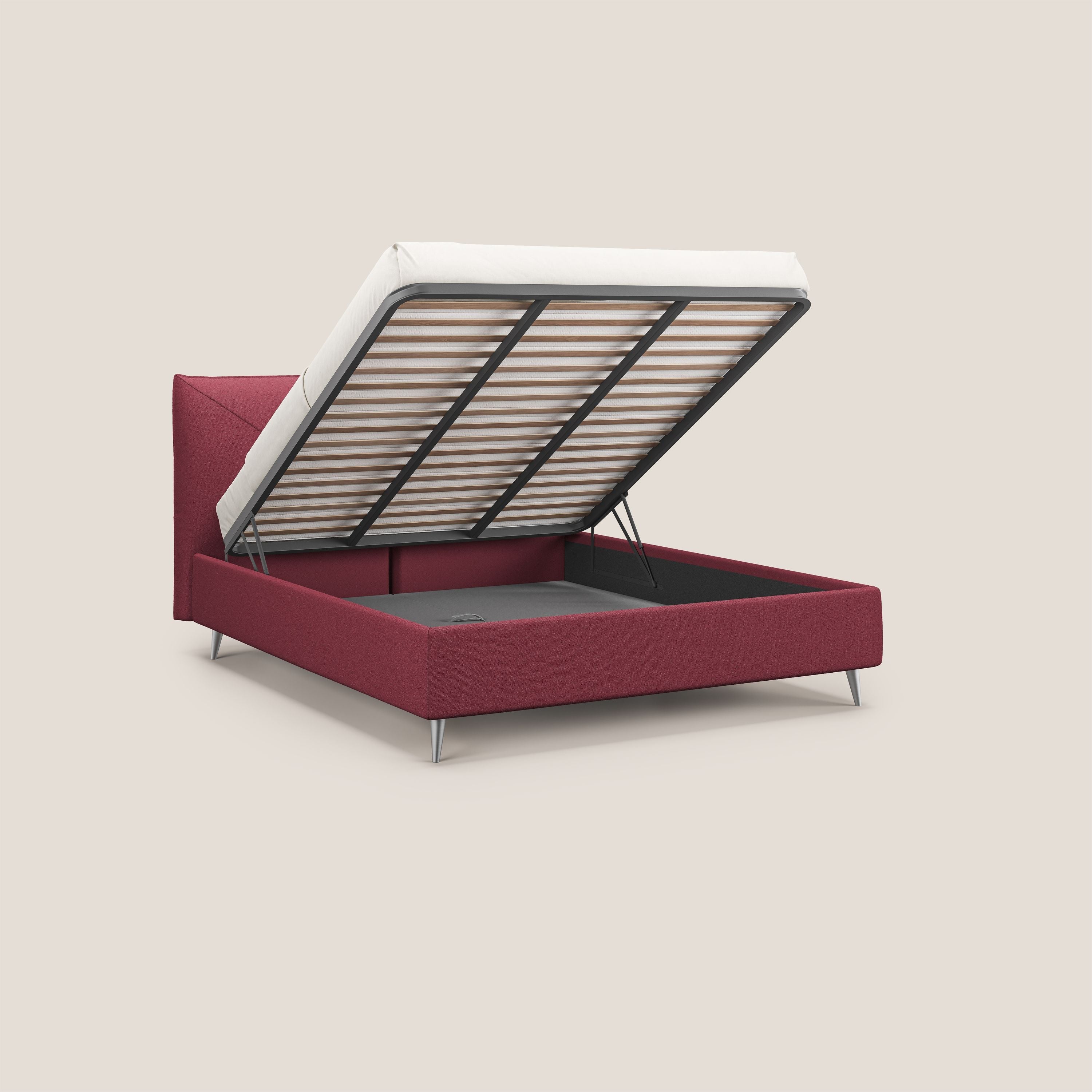 Adone letto imbottito contenitore a doppia pannellatura in bouclet impermeabile T07 rosso - divani.store