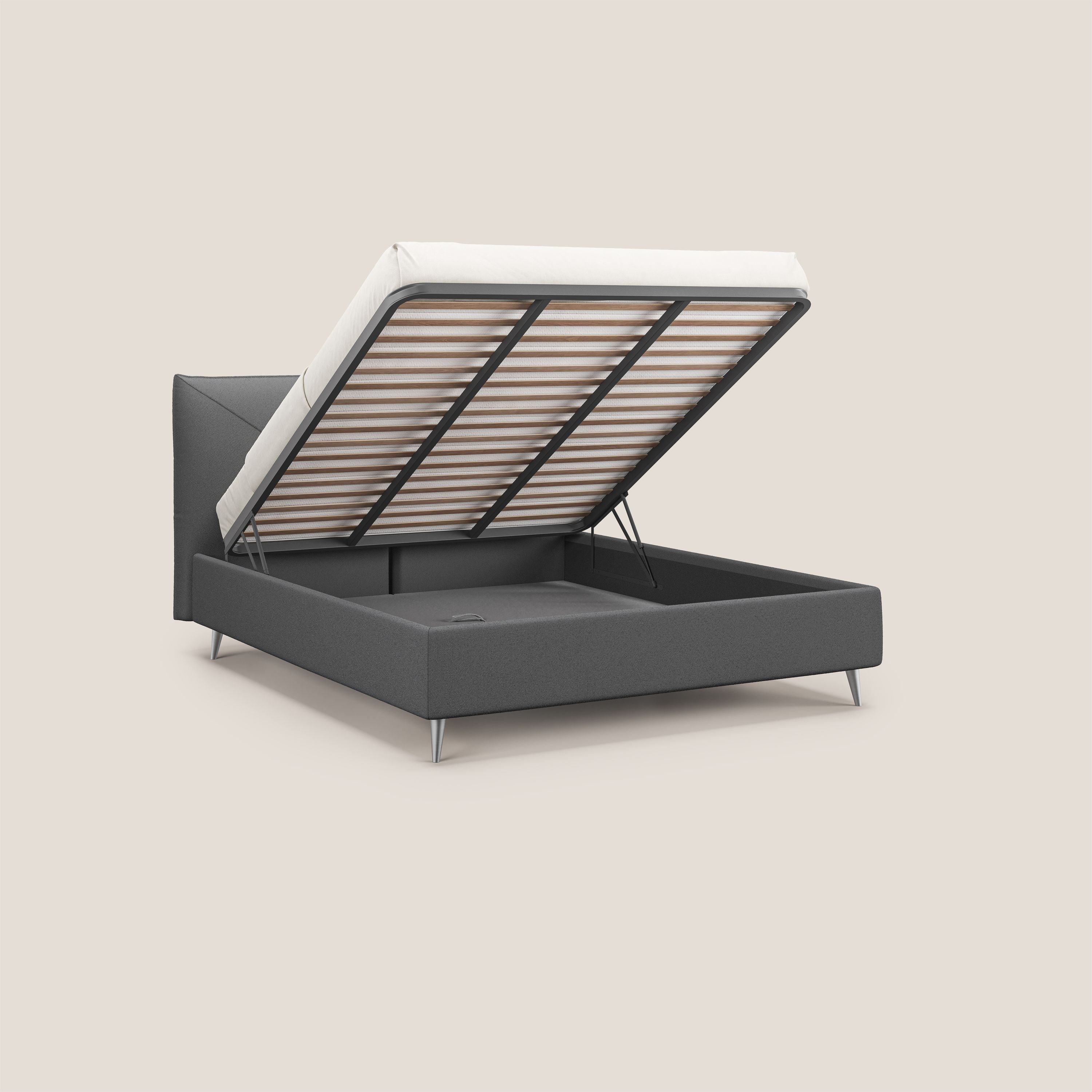 Adone letto imbottito contenitore a doppia pannellatura in bouclet impermeabile T07 antracite - divani.store