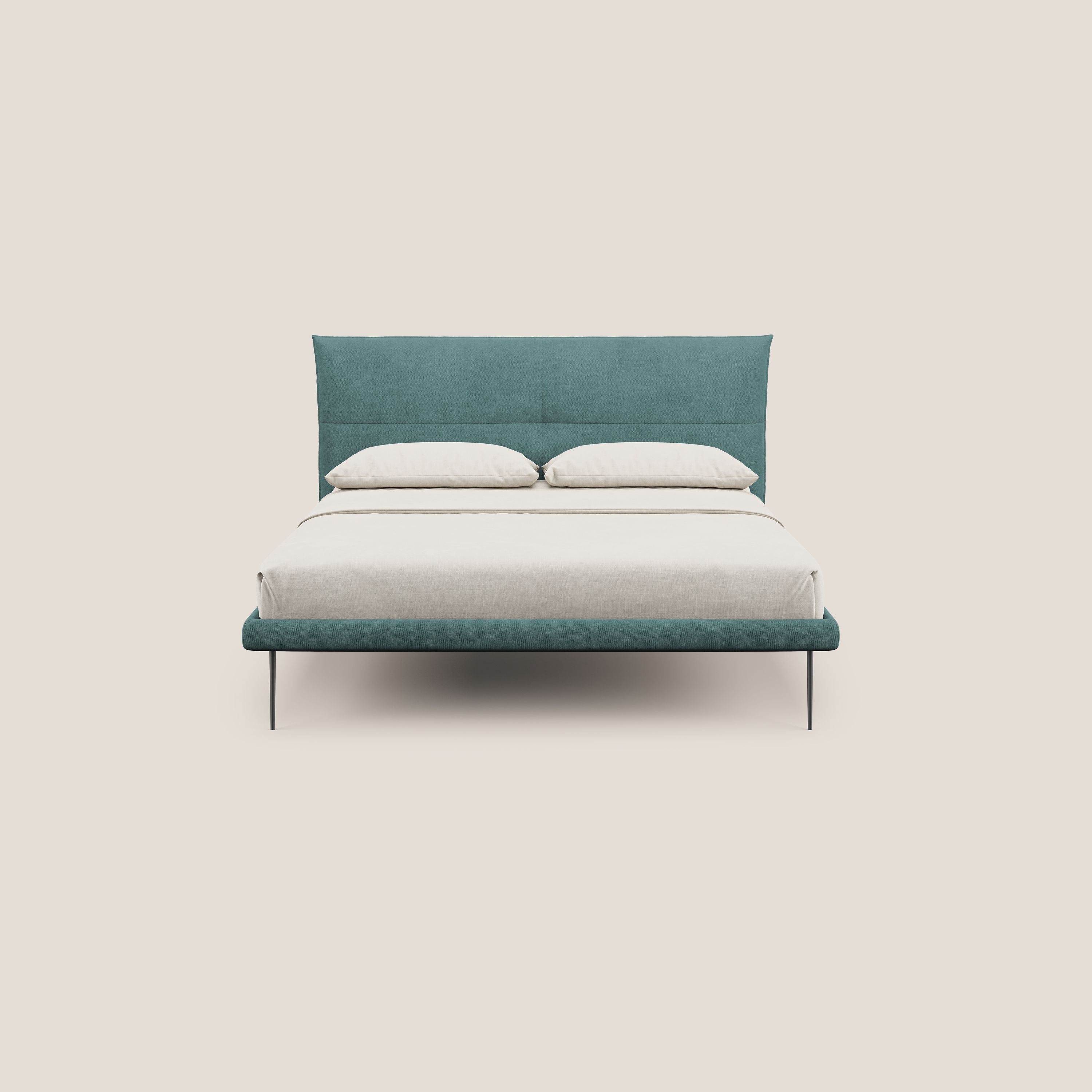 Akiko letto imbottito con piedi alti in metallo in tessuto impermeabile T02 petrolio - divani.store