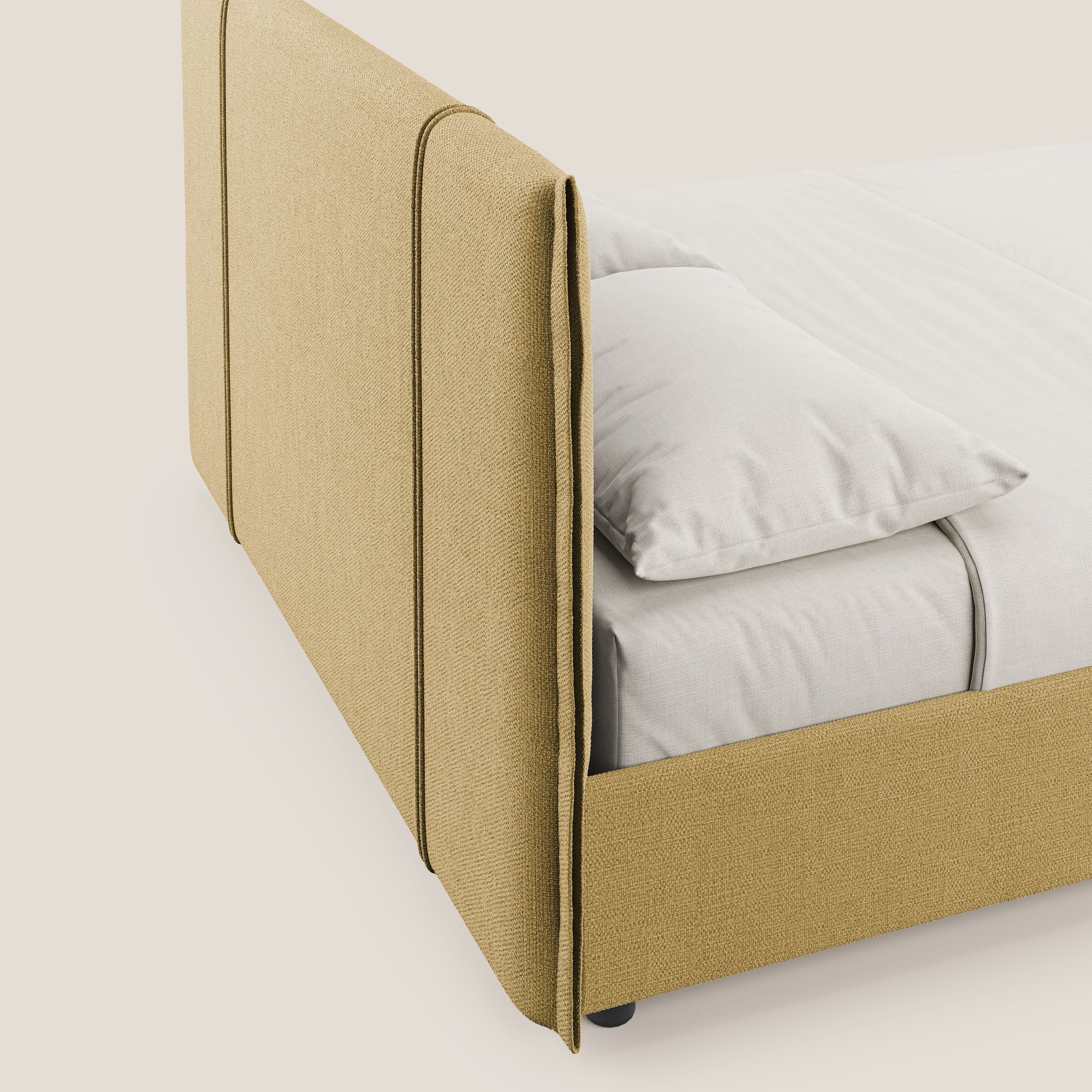 Alicia letto imbottito con vano contenitore in tessuto impermeabile T14 giallo - divani.store