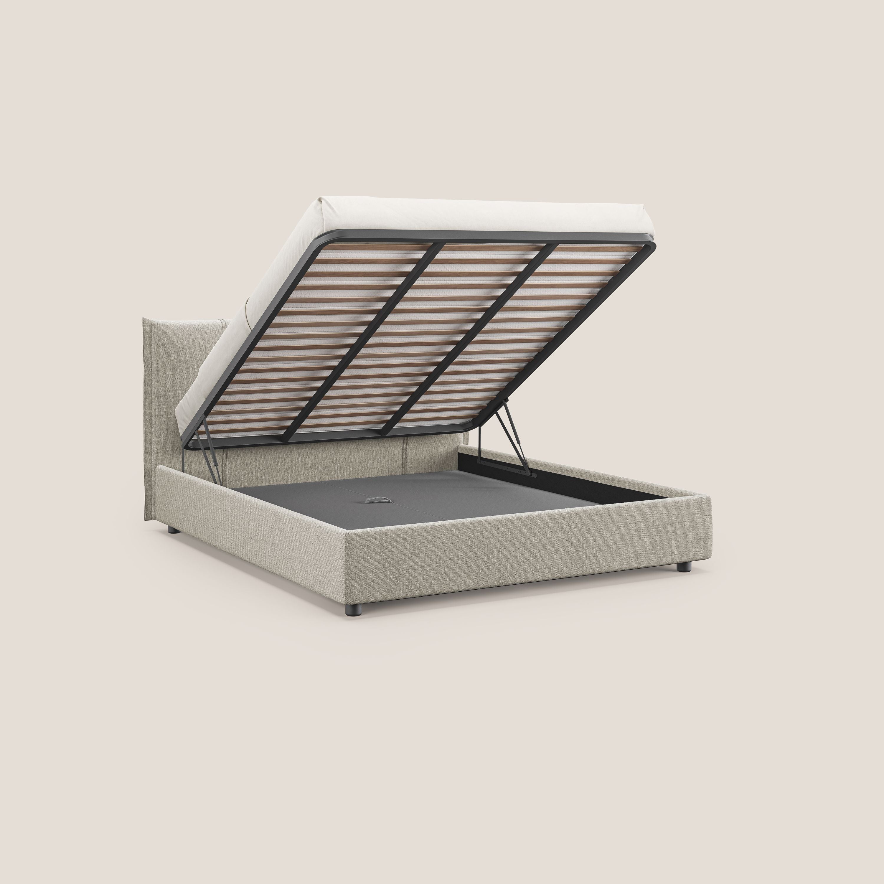 Alicia letto imbottito con vano contenitore in tessuto impermeabile T14 tortora - divani.store