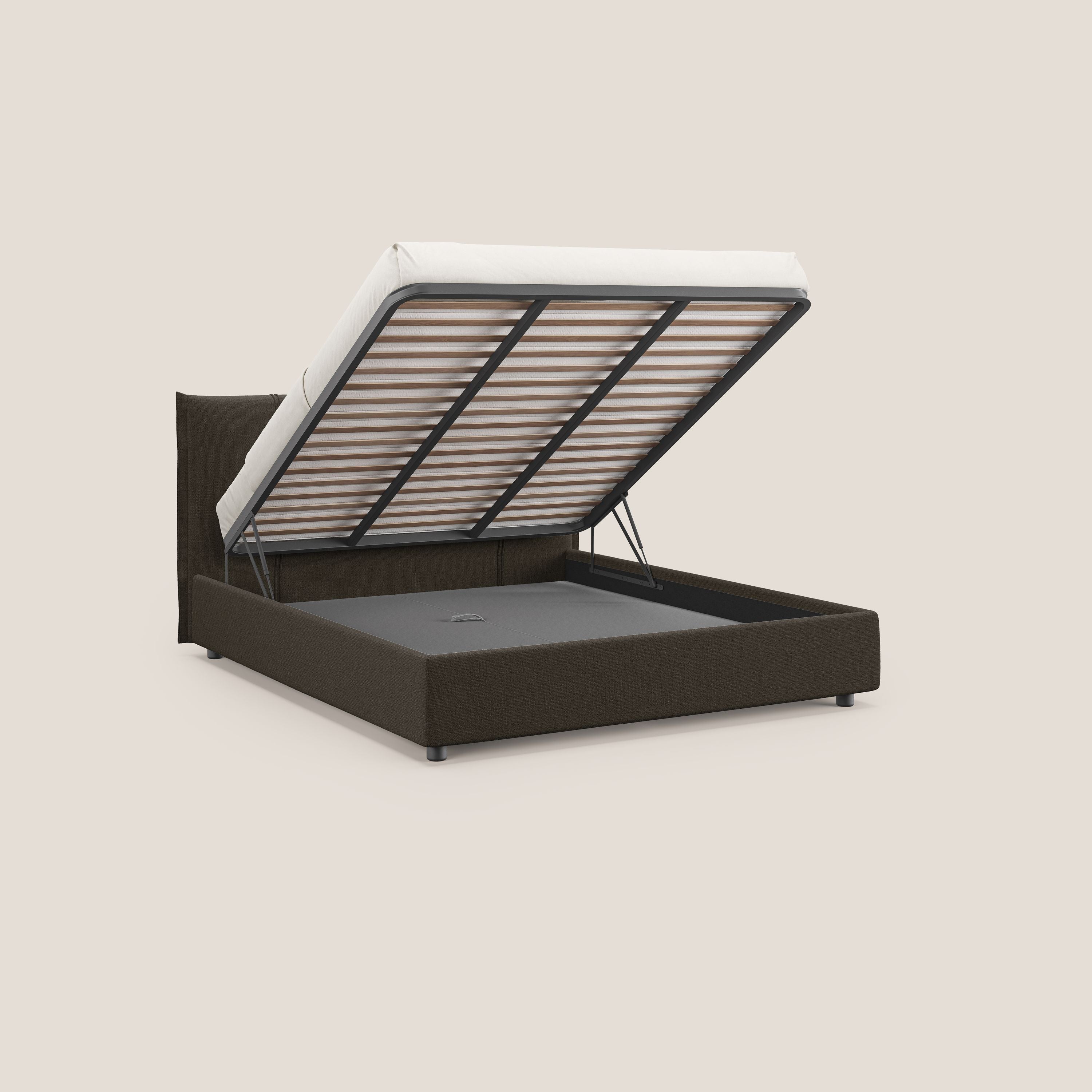 Alicia letto imbottito con vano contenitore in tessuto impermeabile T14 marrone - divani.store