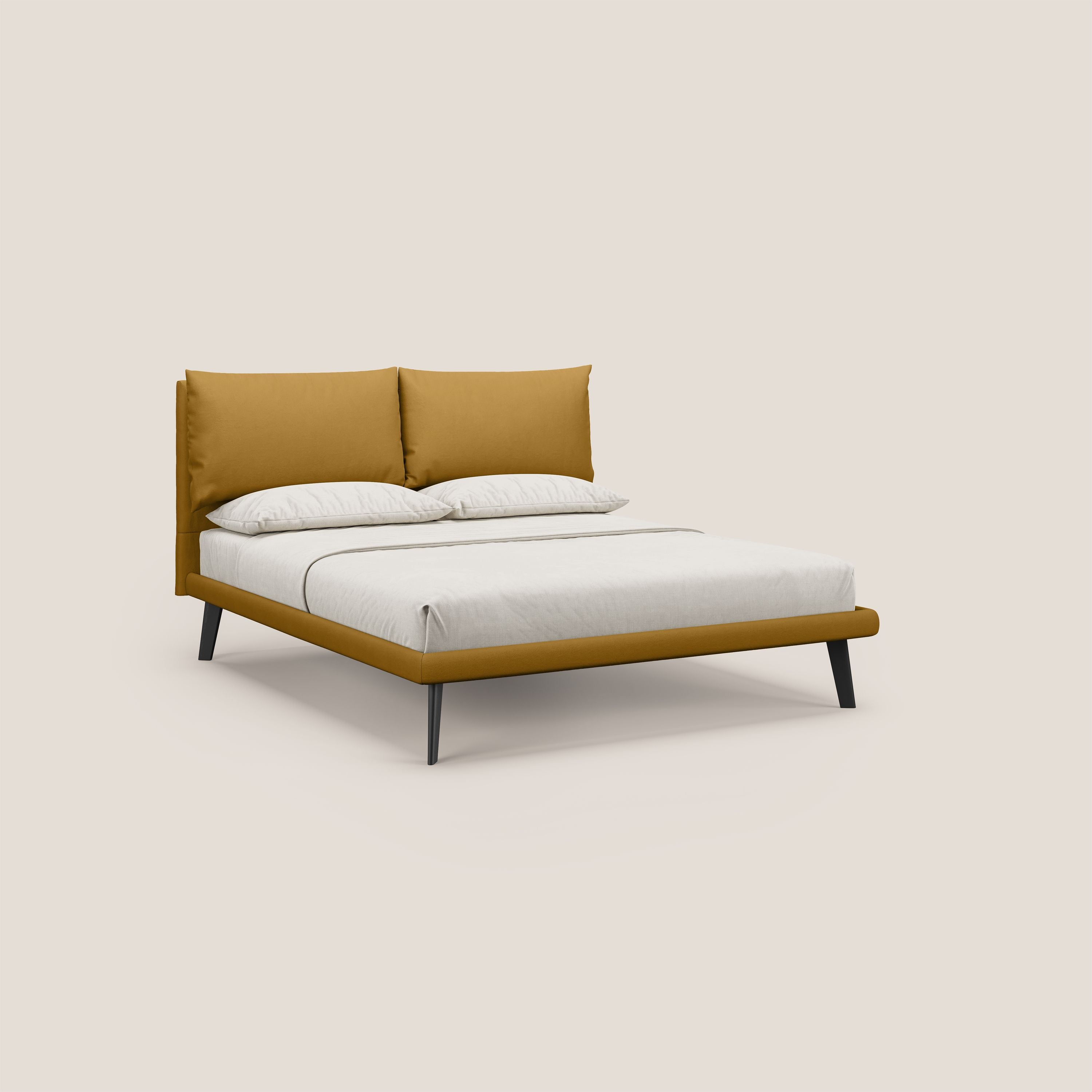 Astrid letto imbottito con piedi in legno in microfibra smacchiabile T11 giallo - divani.store