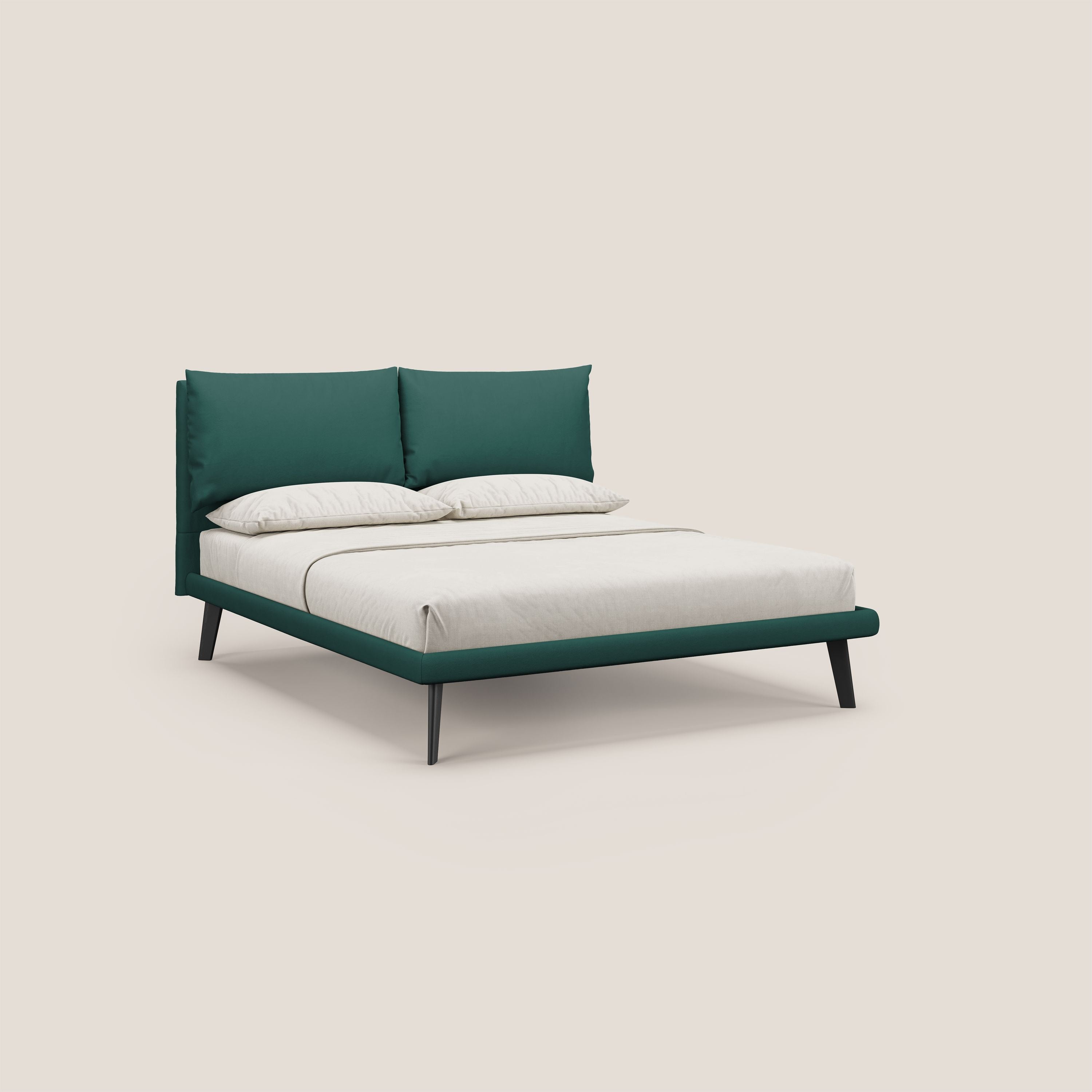 Astrid letto imbottito con piedi in legno in microfibra smacchiabile T11 petrolio - divani.store