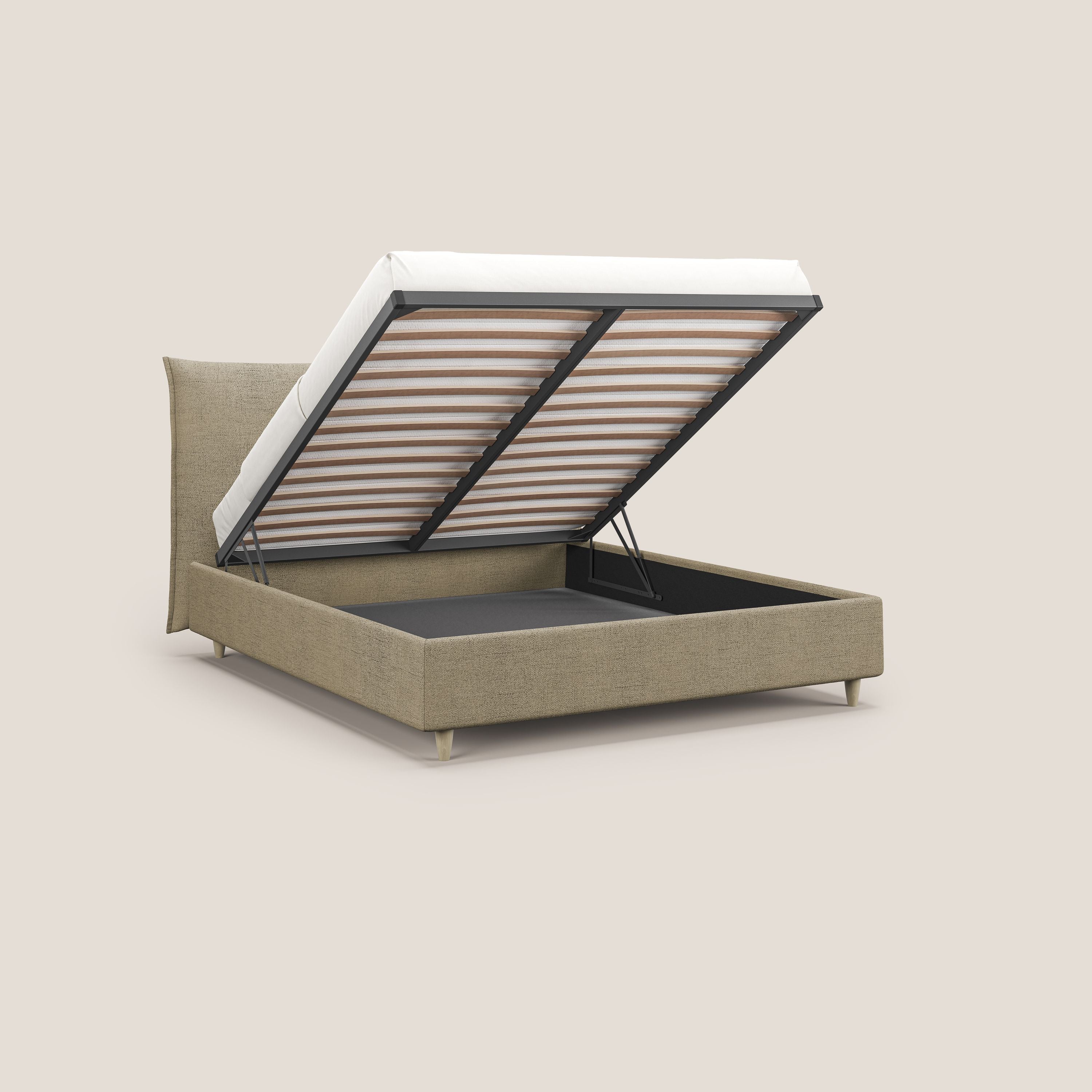 Audrey letto imbottito contenitore e sfoderabile in tessuto fiammato impermeabile T03 beige - divani.store