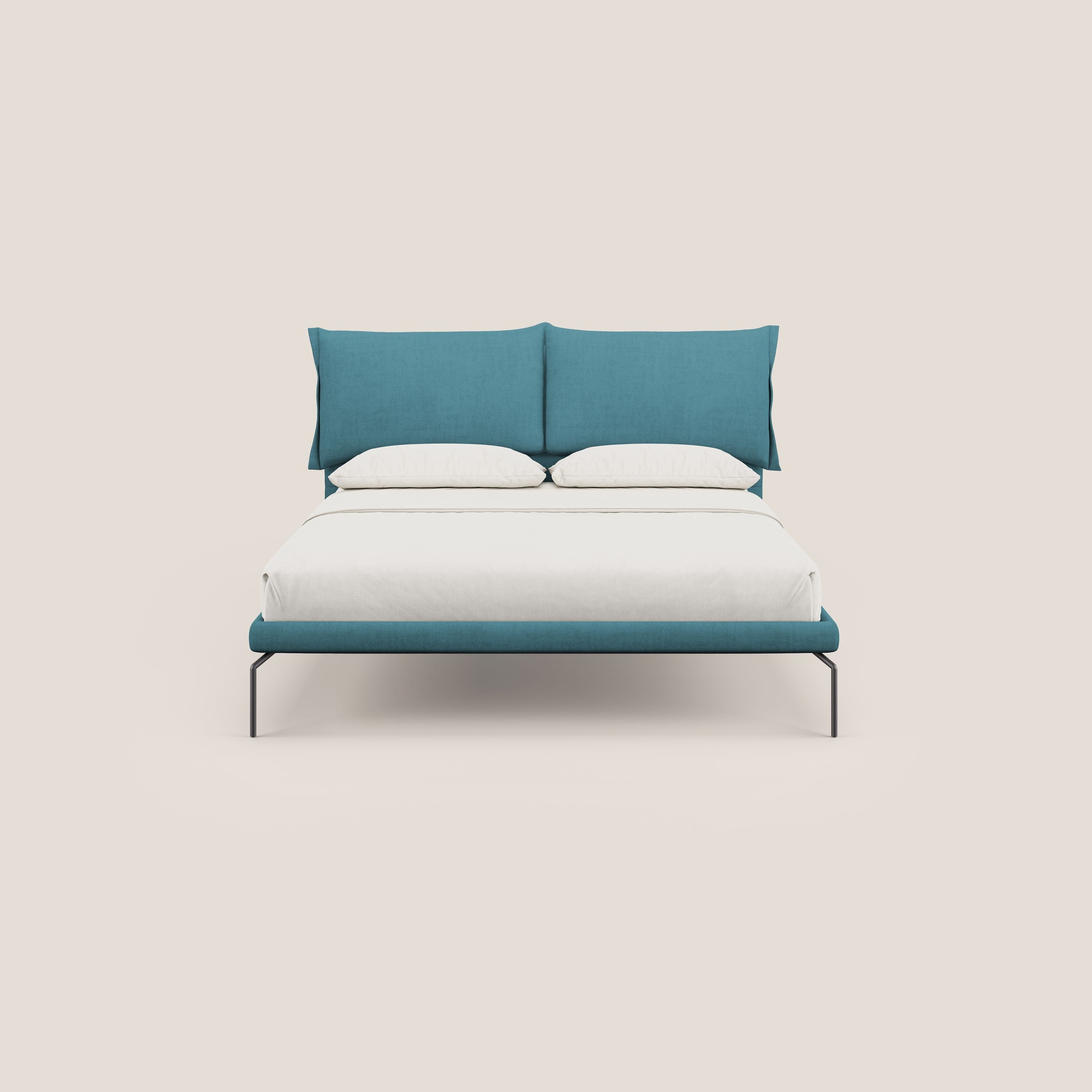 Bice letto imbottito con cuscini e piedi alti in metallo in tessuto impermeabile T02 azzurro - divani.store