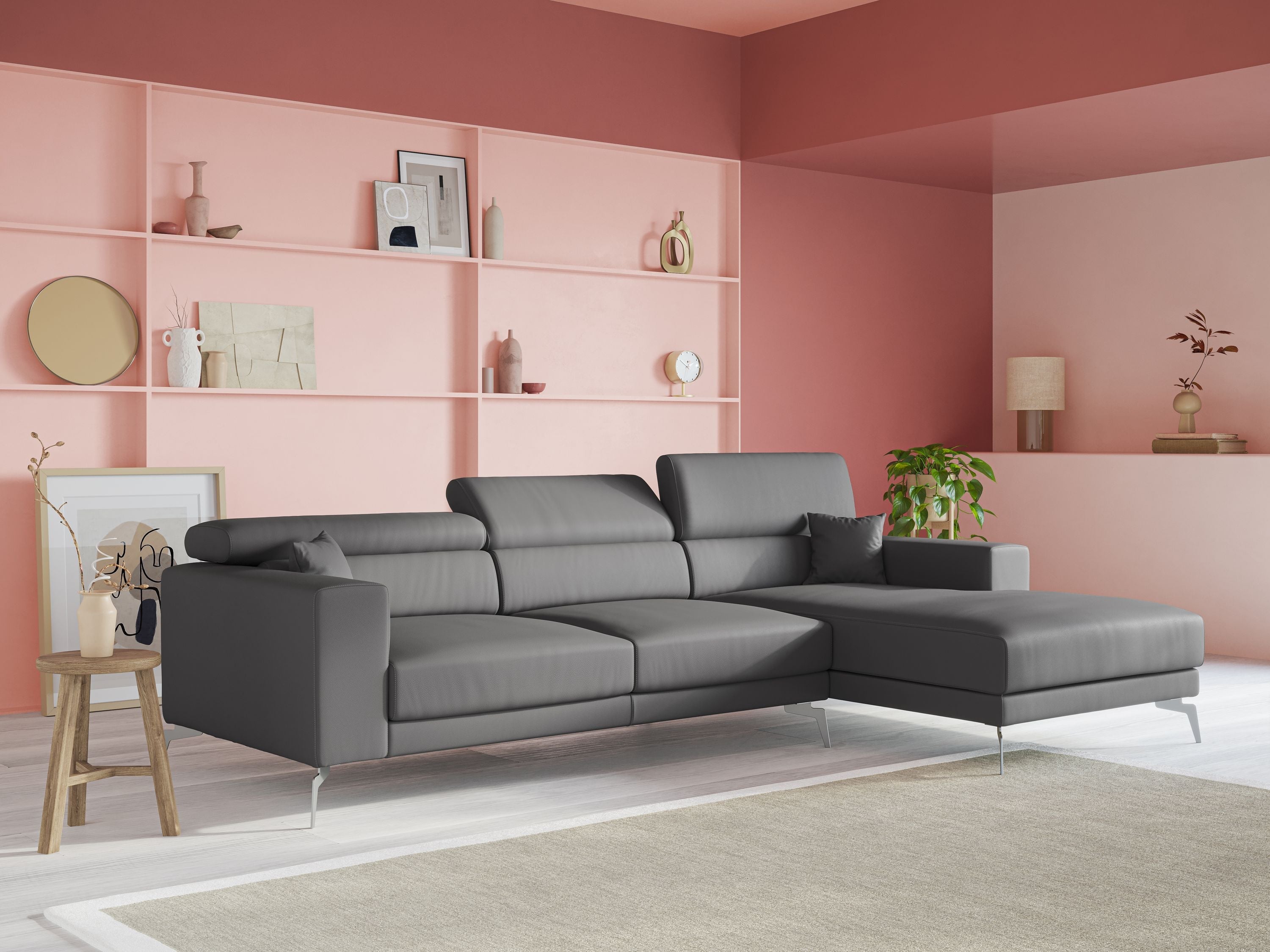 Blade Divano moderno angolare con poggiatesta reclinabili in Ecopelle T04 beige - divani.store